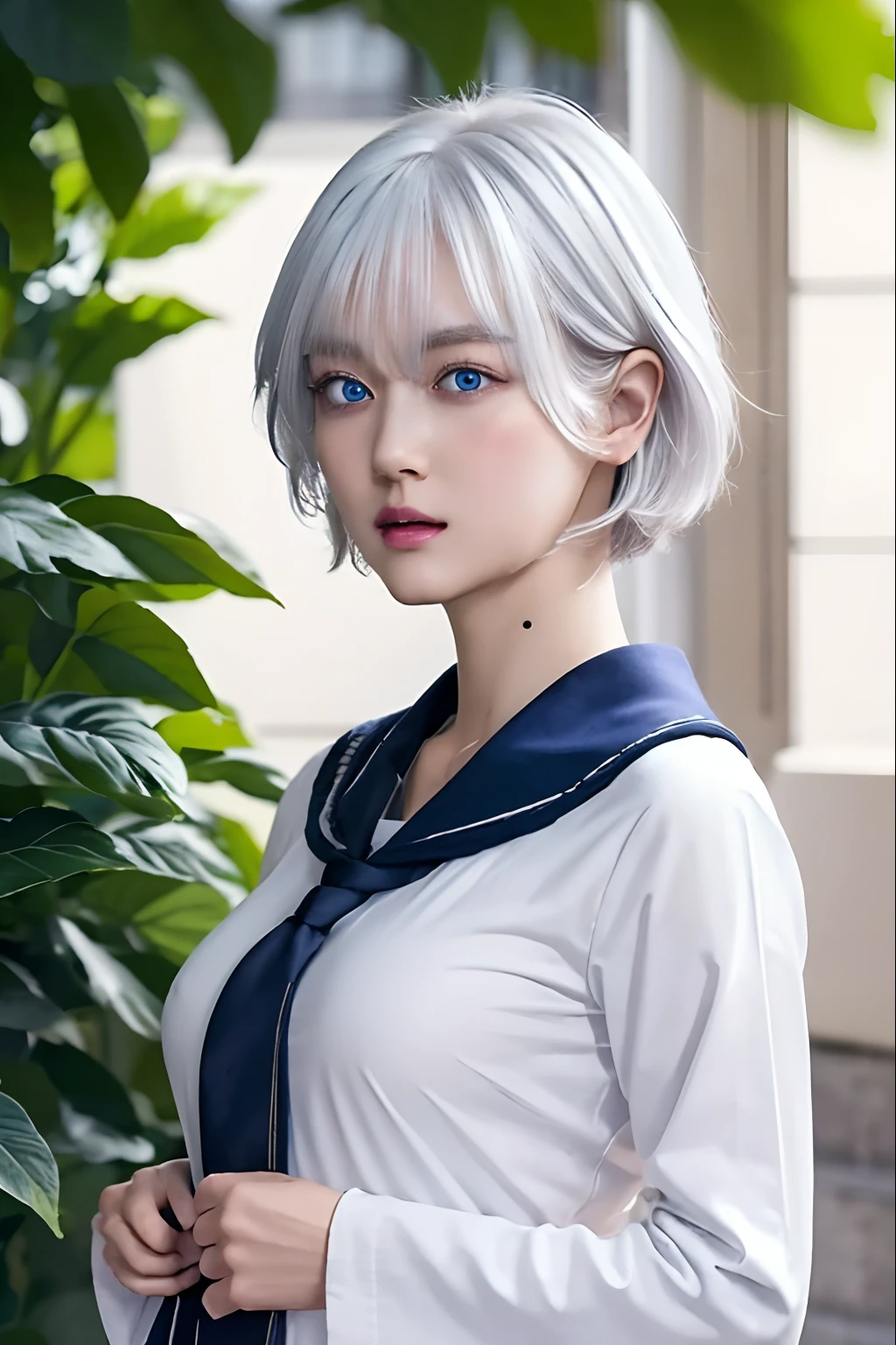 (the Extremely Detailed CG Unity 8K Wallpapers), (masutepiece), (Best Quality), (Ultra-detailed), (Best Illustration), (Best Shadow), (absurderes),  senju, 1girl in, Solo, Blue eyes, School uniform, Short hair, White hair, serafuku, Upper body、huge tit