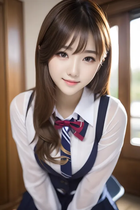 ((8K, Raw photo, Best Quality, masutepiece:1.3)), ultra-detailliert, 超A high resolution, high-definition RAW color photography, Photo of Pretty Japanese school girl,crass room,School uniform,((Brown hair,midium breasts:1.1)),Looking at Viewer,professional ...