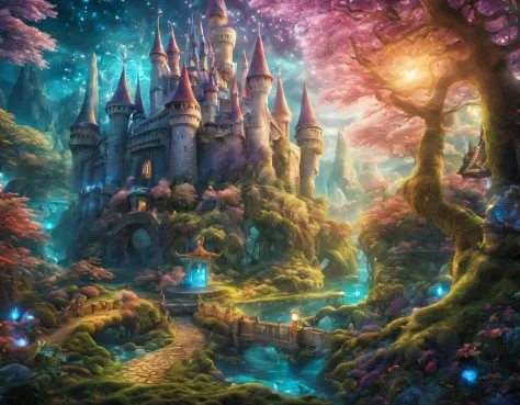 dream magical, Atmospheric, Enchanted, Fantasy Forest themed, There is a mysterious castle in the forest full of trees and magic...