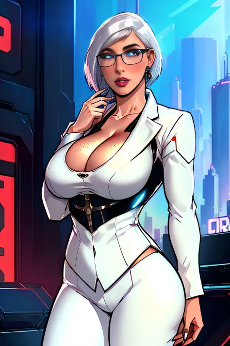 ch3rryg1g, ((masterpiece)), Caucasian, woman, stunning, gorgeous, 1 Girl, large Boobs, bob cut, white hair, ((cyberpunk business suit, cleavage)), blue eye color: 1.5, (freckled face), ((glasses)), fingernails, earrings, lipstick, detailed hand, full lips,...