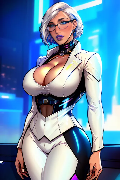 ch3rryg1g, ((masterpiece)), Caucasian, woman, stunning, gorgeous, 1 Girl, large Boobs, curly bob cut, white hair, ((cyberpunk business suit, cleavage)), blue eye color: 1.5, (freckled face), ((glasses)), fingernails, earrings, blue lipstick, detailed hand,...