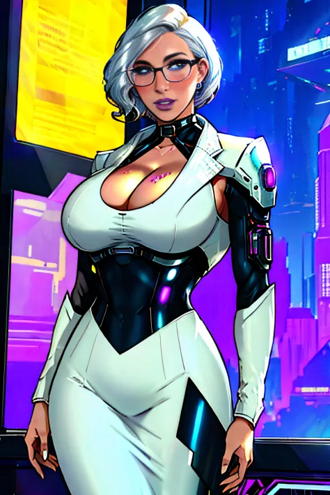 ch3rryg1g, ((masterpiece)), Caucasian, woman, beautiful, supermodel face, round cheeks, 1 Girl, large Boobs, curly bob cut, white hair, ((cyberpunk business suit, cleavage)), blue eye color: 1.5, (freckled face), ((glasses)), fingernails, earrings, blue li...