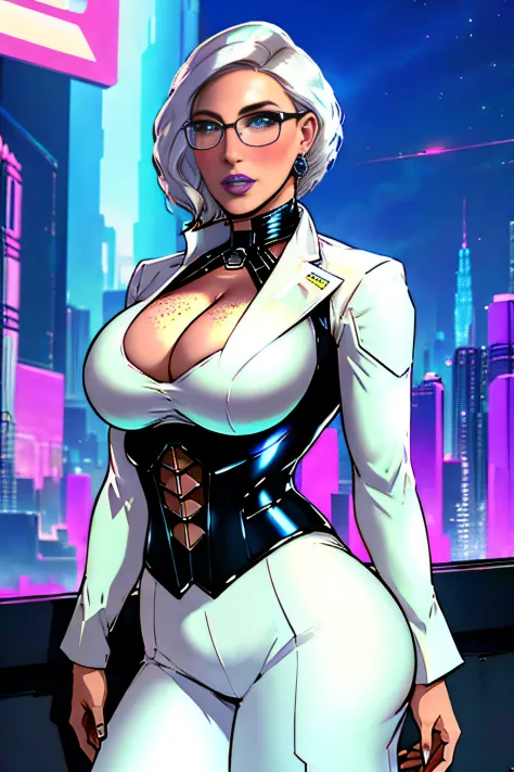 ch3rryg1g, ((masterpiece)), Caucasian, woman, beautiful, supermodel face, round cheeks, 1 Girl, large Boobs, curly bob cut, white hair, ((cyberpunk business suit, cleavage)), blue eye color: 1.5, (freckled face), ((glasses)), fingernails, earrings, blue li...