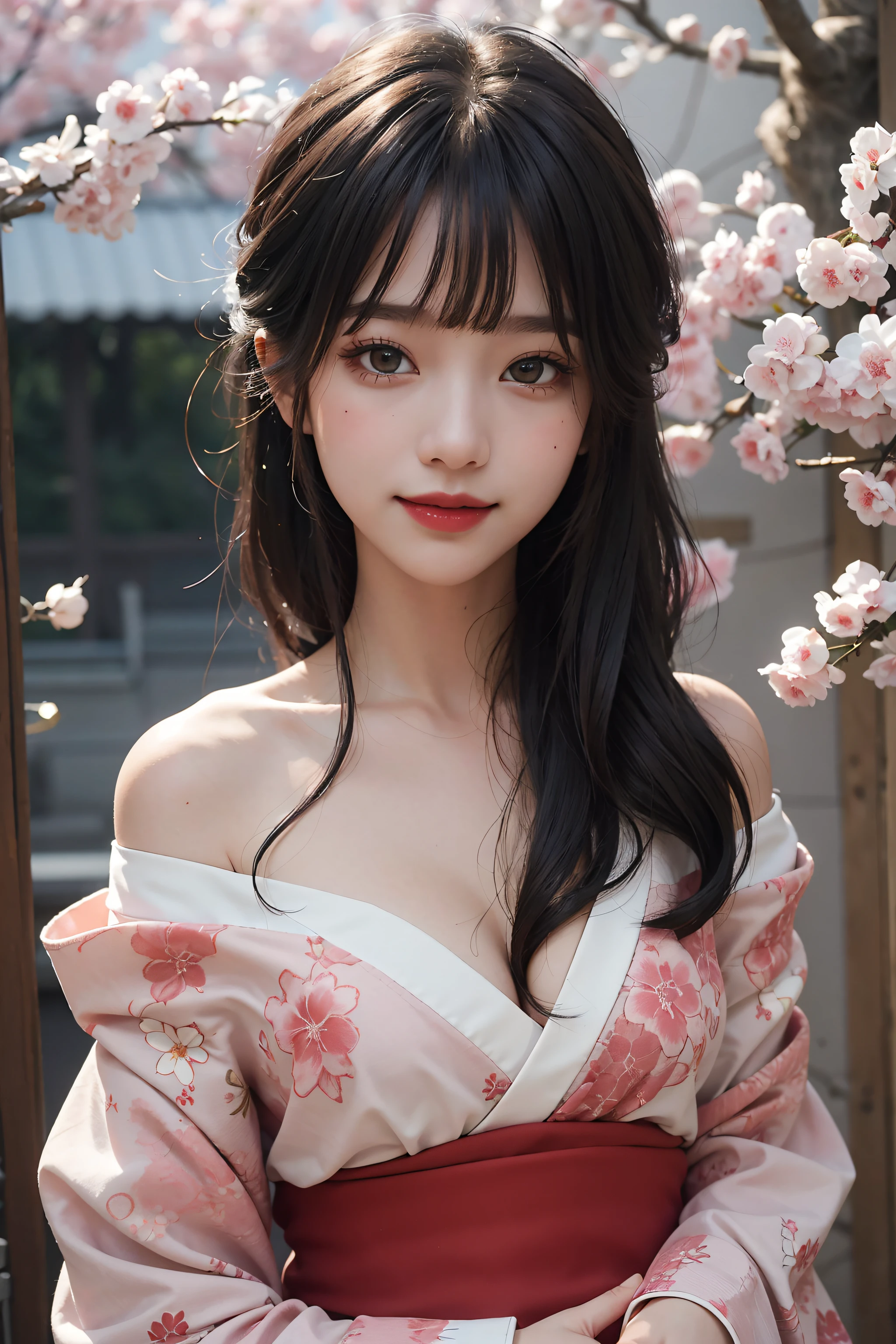 best quality, masterpiece, ultra high res, RAW, 8k, ultra-realistic, young girl, offshoulder, smile, natural light, detailed skin, (black hair:1.4), red lipstick, (Bangs:1.2), ((Sakura Background)), extremely beautiful eyes, wearing kimono_clothes, Red Kimono