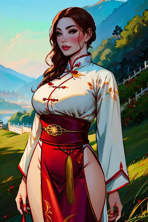 woman, anime, ((chinese)), beautiful, large breasts, red mascara, blue eye color, painted fingernails, pale skin, light brown hair, chignon, long hair, xanxia, xuxia, cultivator, grassy hills, laurel wreath, standing, ancient chinese clothing,
