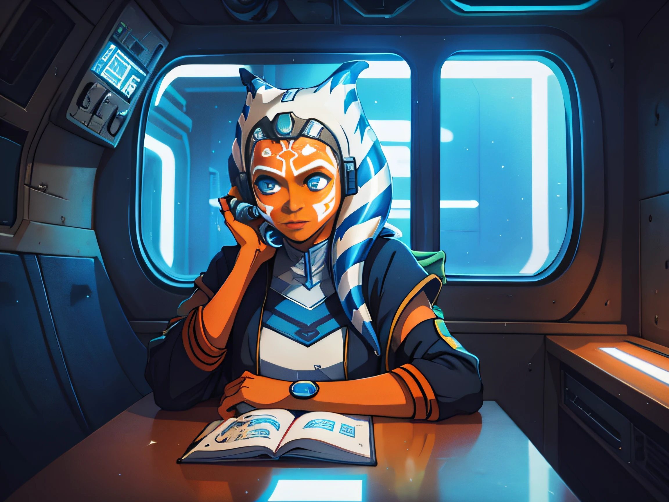 ahsoka tano sitting in a star wars subway with headphones in listening to lofi beats