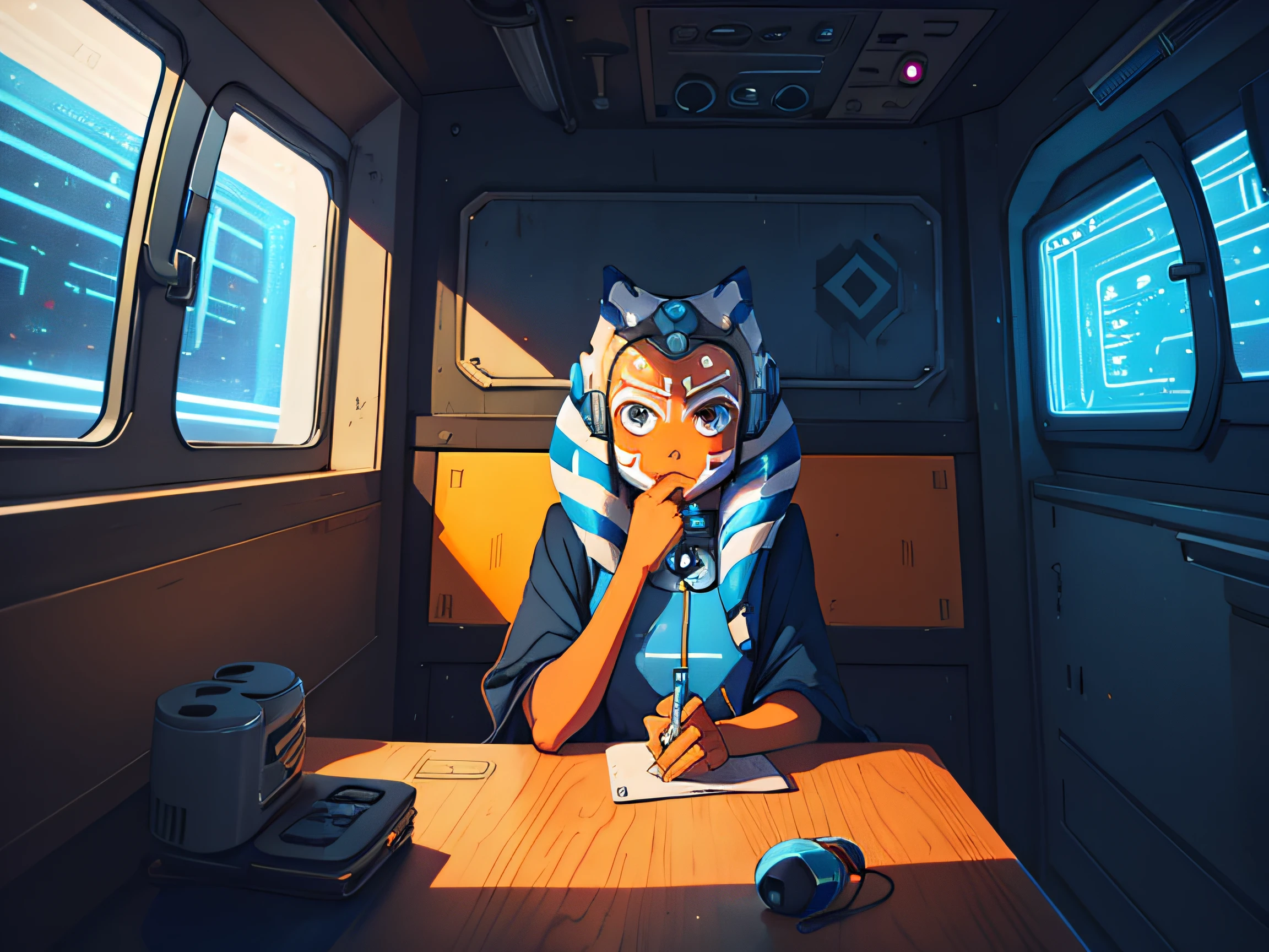 ahsoka tano sitting in a star wars subway with headphones in listening to lofi beats