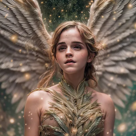 (masterpiece), (best quality:1.4), absurdres as Naked Emma Watson age 30, [:intricate details:0.2], Naked Emma Watson age 30 as angel, gigantic angel wings made from marijuana, milky way, sky, shimmering aura, intense focus, crackling energy, mysterious sy...