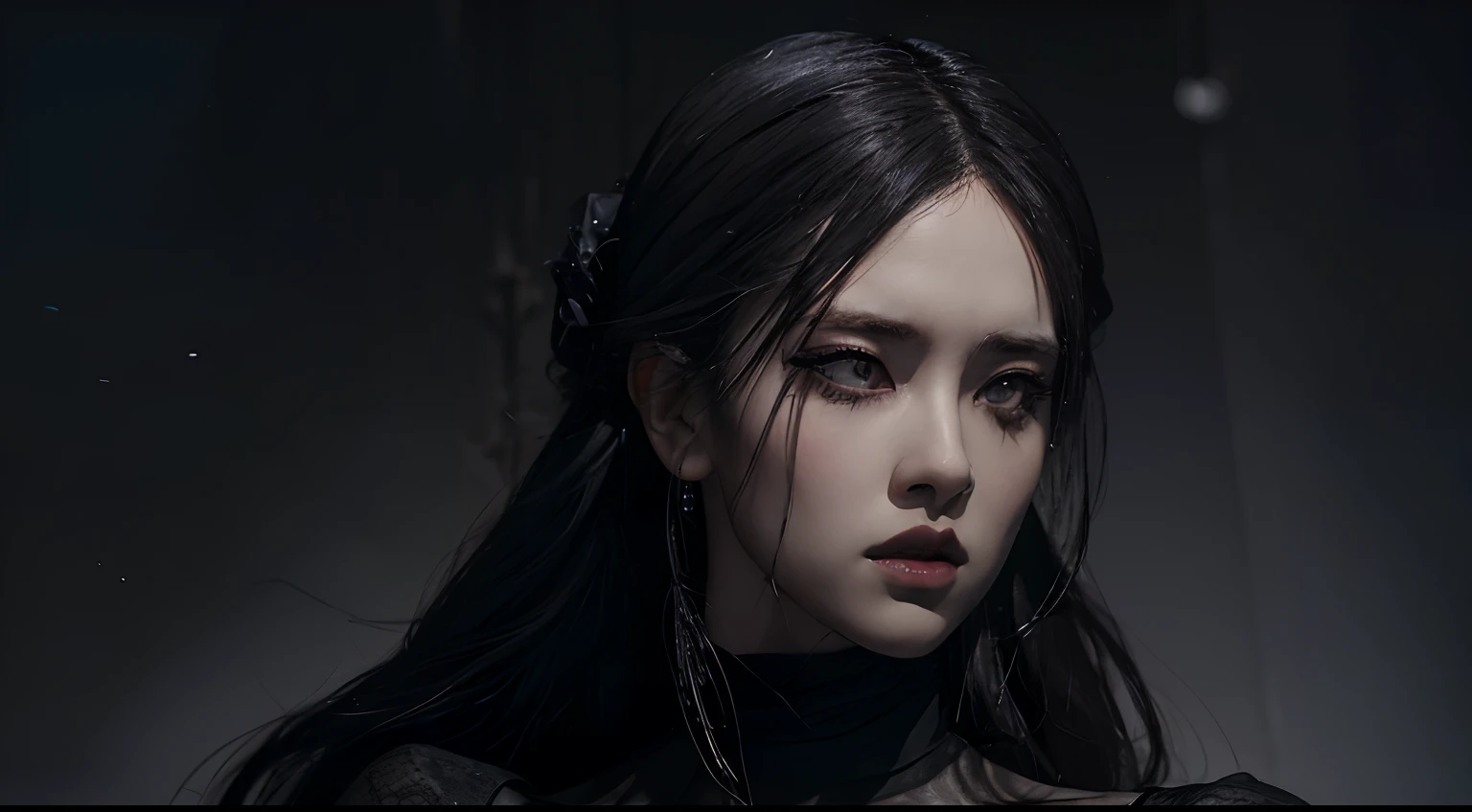 (best quality, highres:1.2), realistic, black dress, black hair, dark theme, black background, intense gaze, elegant posture, flowing dress, detailed facial features, long eyelashes, pale skin, contrast, fine details, dramatic atmosphere, gothic style, intense emotions, monochrome color palette, captivating setting, haunting beauty, artistic photography, everything is black