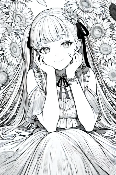 masterpiece, best quality, 1girl, solo, long_hair, looking_at_viewer, smile, dress, ribbon, jewelry, very_long_hair, hair_ribbon, flower, bracelet, two_side_up, hand_on_own_face, head_rest, hand_on_own_cheek, lineart, monochrome,