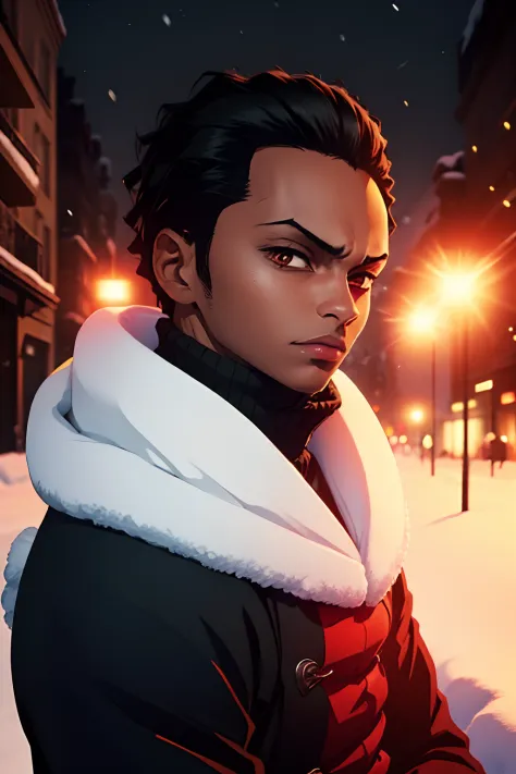 black young man, negro, lindo, zoro hairstyle, black hair, winter clothes, snow, paris, red sword, night, bright