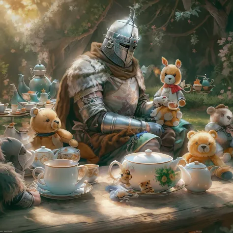 (masterpiece),((solaire)),a knight sitting at a ((tea party:1.2)), with ((cute stuffed animals:1.2)), atmospheric 4k ultra detai...