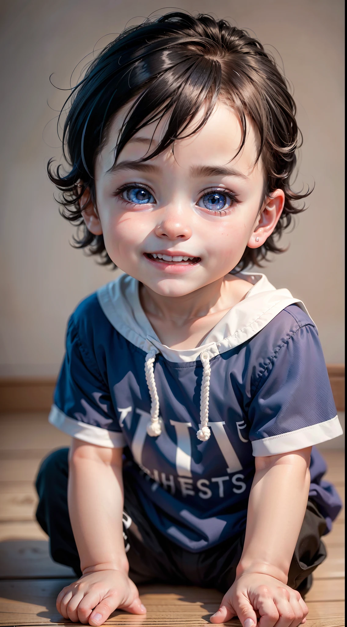 Ultra high quality, ultra high definition, ultra sharpness, 8K, a very cute baby boy, 1 year old, alone, wearing a children's clothes, portrait, ultra detailed eyes, ultra detailed irises, completely identical irises, cheerful smile