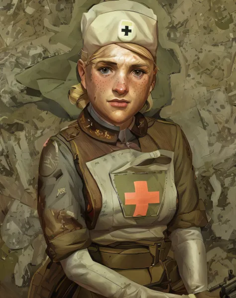 A WWII nurse with blonde hair and freckles, hearts of iron portrait, iron hearts portrait style, soldado, Retrato de um soldado,...