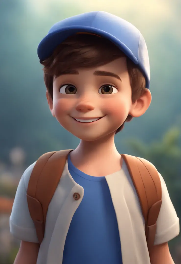 A happy cute boy standing short hair with dark blue cap , vestindo uma camisa azul , , fundo branco, barnet, Tom, Estilo Pixar, ......3d, desenhos animados, rosto detalhado, asymmetrical 16k
