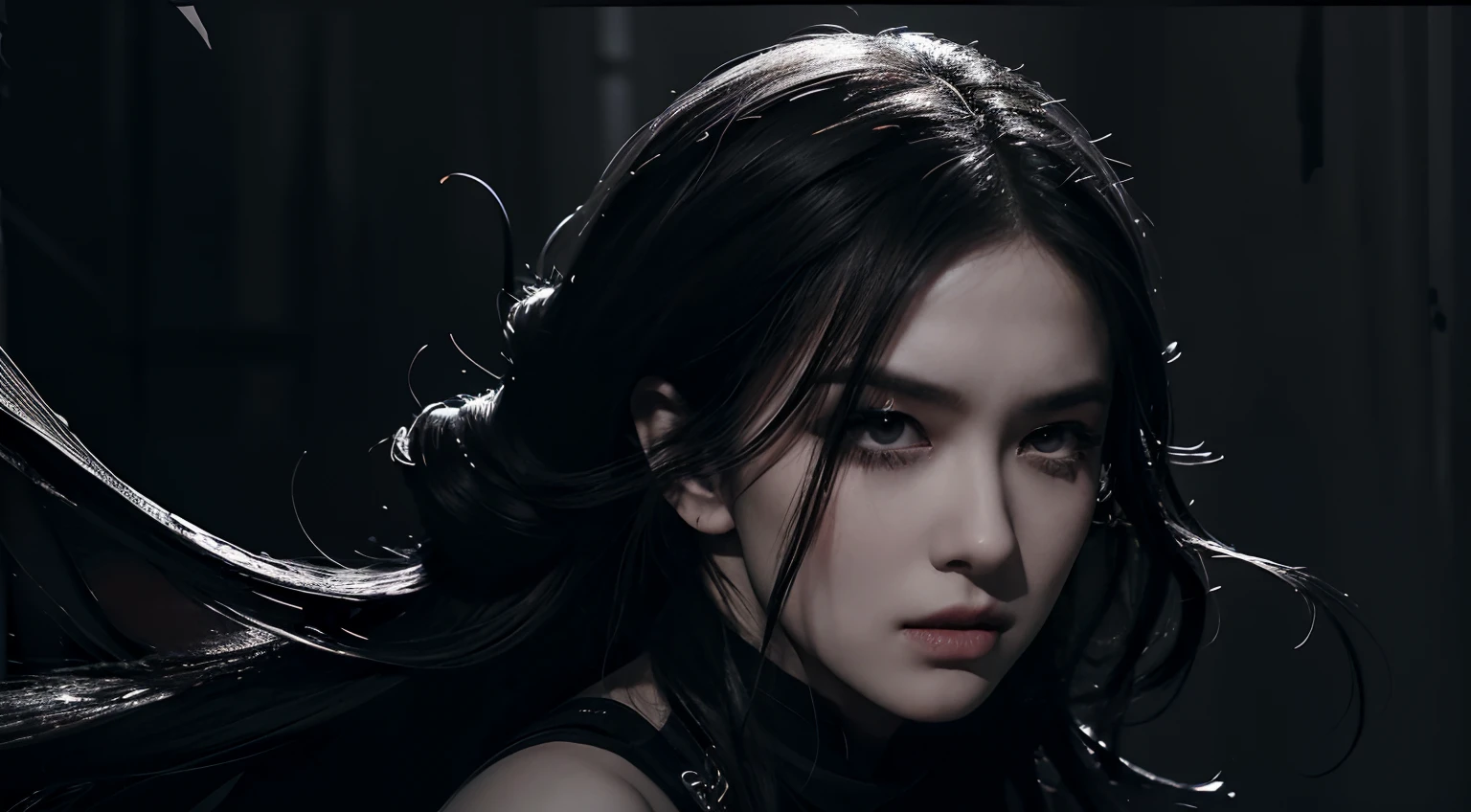 (best quality, highres:1.2), realistic, black dress, black hair, dark theme, black background, dark ninja, intense gaze, elegant posture, flowing dress, detailed facial features, long eyelashes, contrast, fine details, dramatic atmosphere, gothic style, intense emotions, monochrome color palette, captivating setting, haunting beauty, artistic photography, everything is black