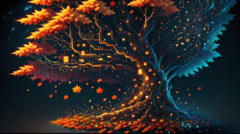 Dynamic HiFi pixel art (entitled "Maple Leaf"), Data Tree, (/data structure)/, organic data-space, minimal, beautifully detailed, understated aesthetic, slightly psychedelic, sacred (supersymmetry), visionary (optical illusion), visually appealing matte gl...