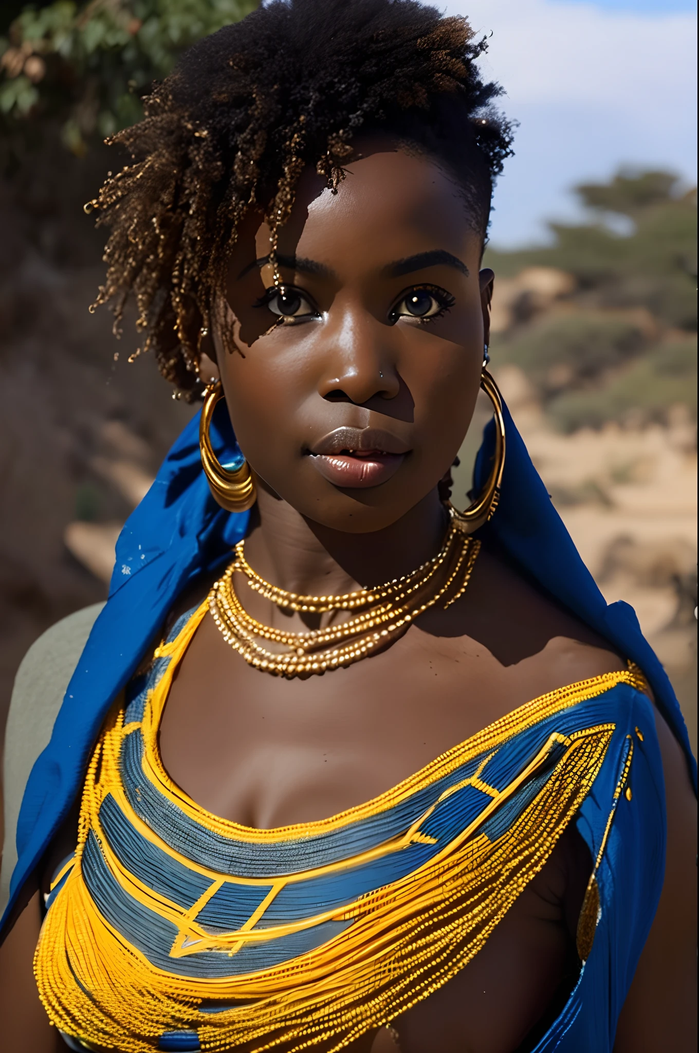 Sexy und elegante afrikanische Frau, helle Haut, großzügige Kurven, lange blaue Augen, kraus, behaart in traditionellen afrikanischen Lendenschurz-Outfits, 4k,((8k))
