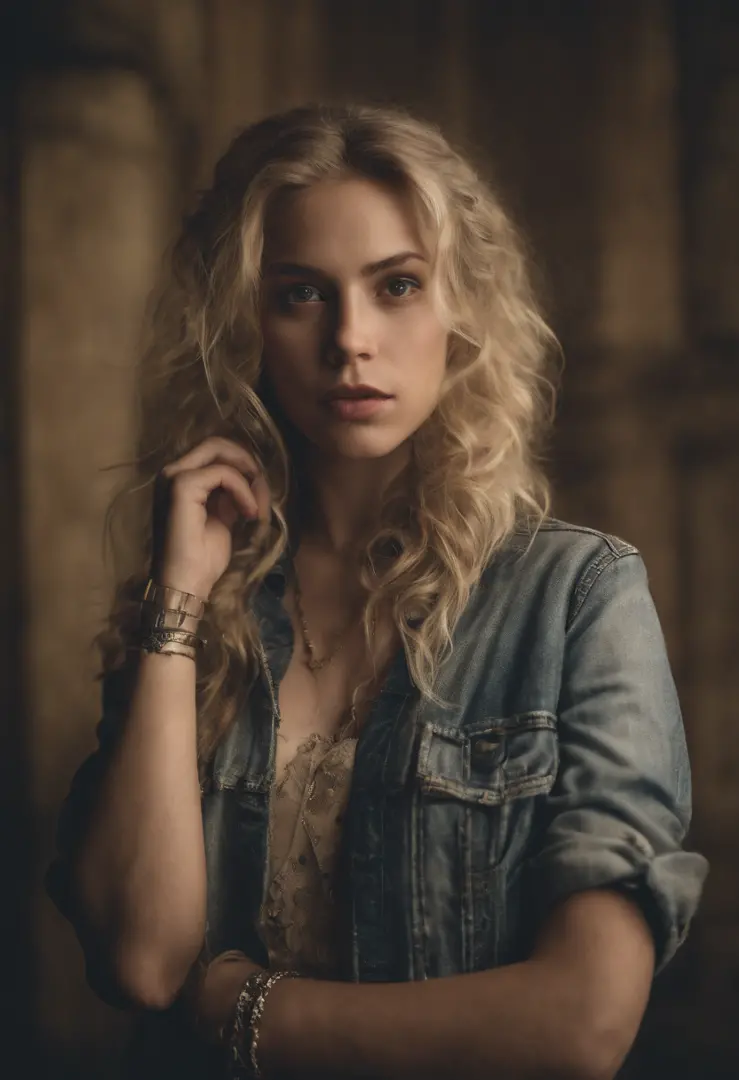 Female teen demon with blonde hair, olhos azuis, asas negras, cauda e chifres, roupa punk-rock, Fundo do fogo, average facial expression, Realistic