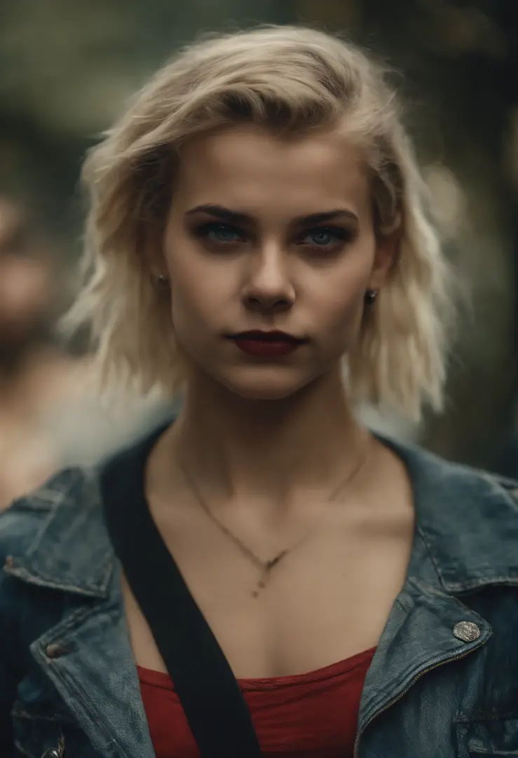 Female teen demon with blonde hair, olhos azuis, asas negras, cauda e chifres, roupa punk-rock, Fundo do fogo, average facial expression, Realistic