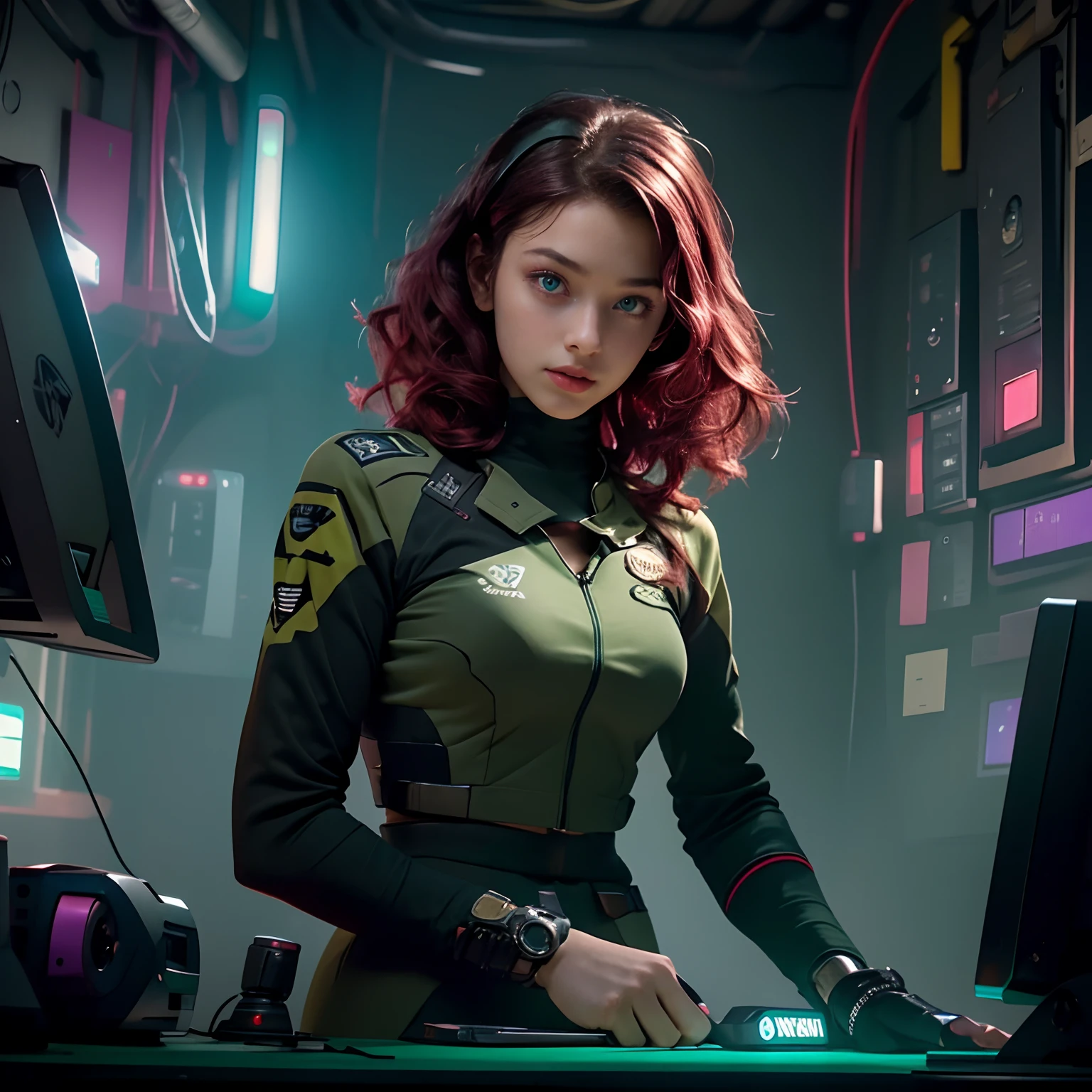 high resolution images, Cinematic lighting, cinematic texture, upper body Shot, Look at the viewer, Shoot from front, (1 woman in a dark green suit reminiscent of 1950s film noir:1.5), hyperdetailed face, Beautiful face, pretty face, Red hair, short and wavy hair, Dark blue eyes, Big eyes, small nose, thin lips, peaceful face, shiny eyes, Wearing a cyber headgear, in Deep and wide cyberpunk room, standing in the cyberpunk room, Scattered stationery and cluttered desks, many monitors in the back ground, (Retro small monitor on a table that emits light), Intense light from behind creates streaks of light, Back light illuminated her hair, Positive reflection illuminating her face, There is a large window in the background, Cyberpunk in the background