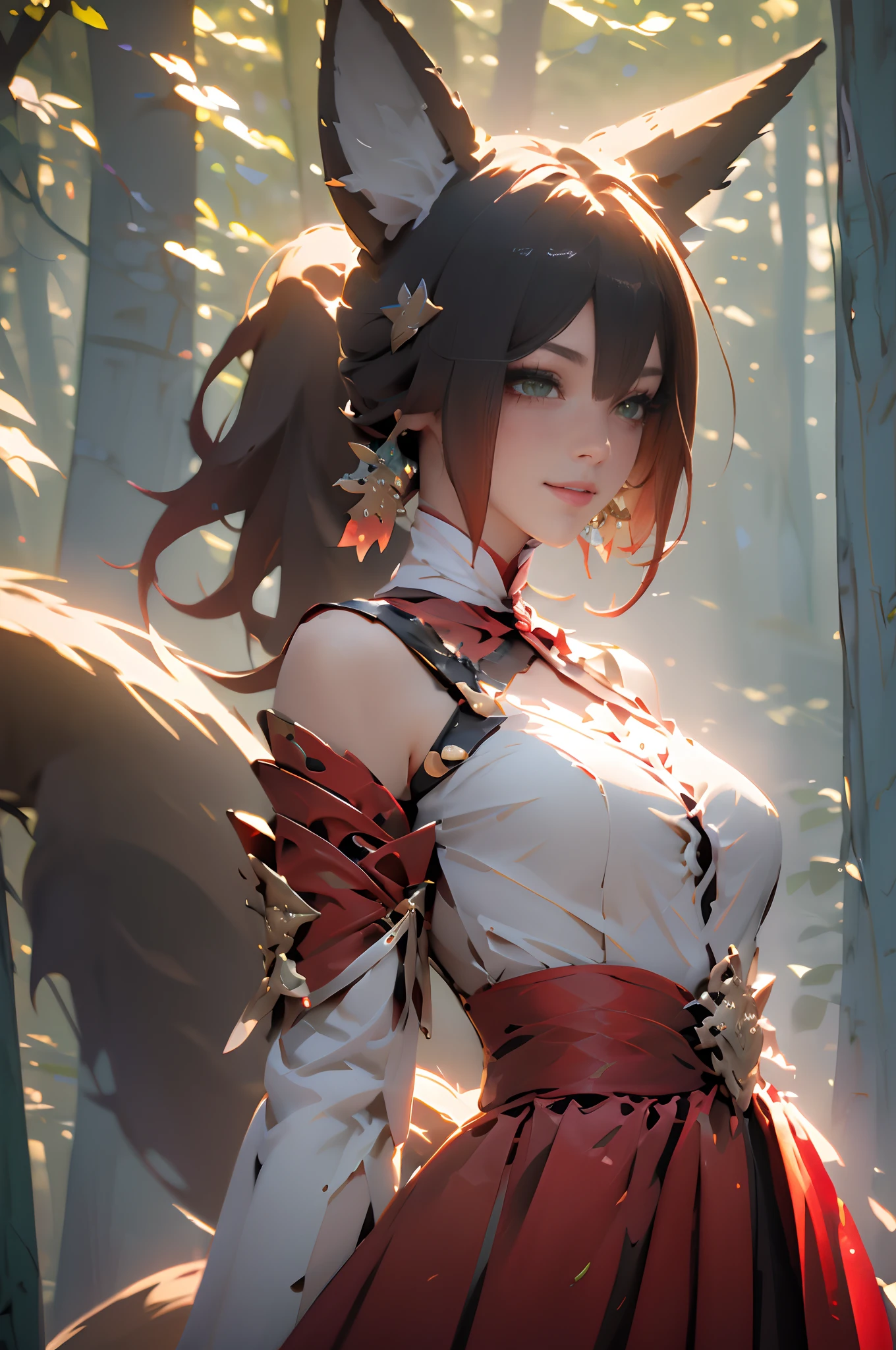 (best quality,4k,8k,highres,masterpiece:1.3),ultra-detailed,(realistic,photography,photo-realistic:1.37), smooth, smooth skin texture, real life, 1girl, fox girl, green eyes, naughty, smiling, TingYun, tingyun from Honkai Starrail, earringsbrown hair, animal ears, ponytail, hair ornament, green eyes, red eyeshadow, jewelry, detached sleeves, medium breasts, dress, tail, bracelet, one tail, mouth slightly open, wandering in the forest, red riding hood, sexy, misty