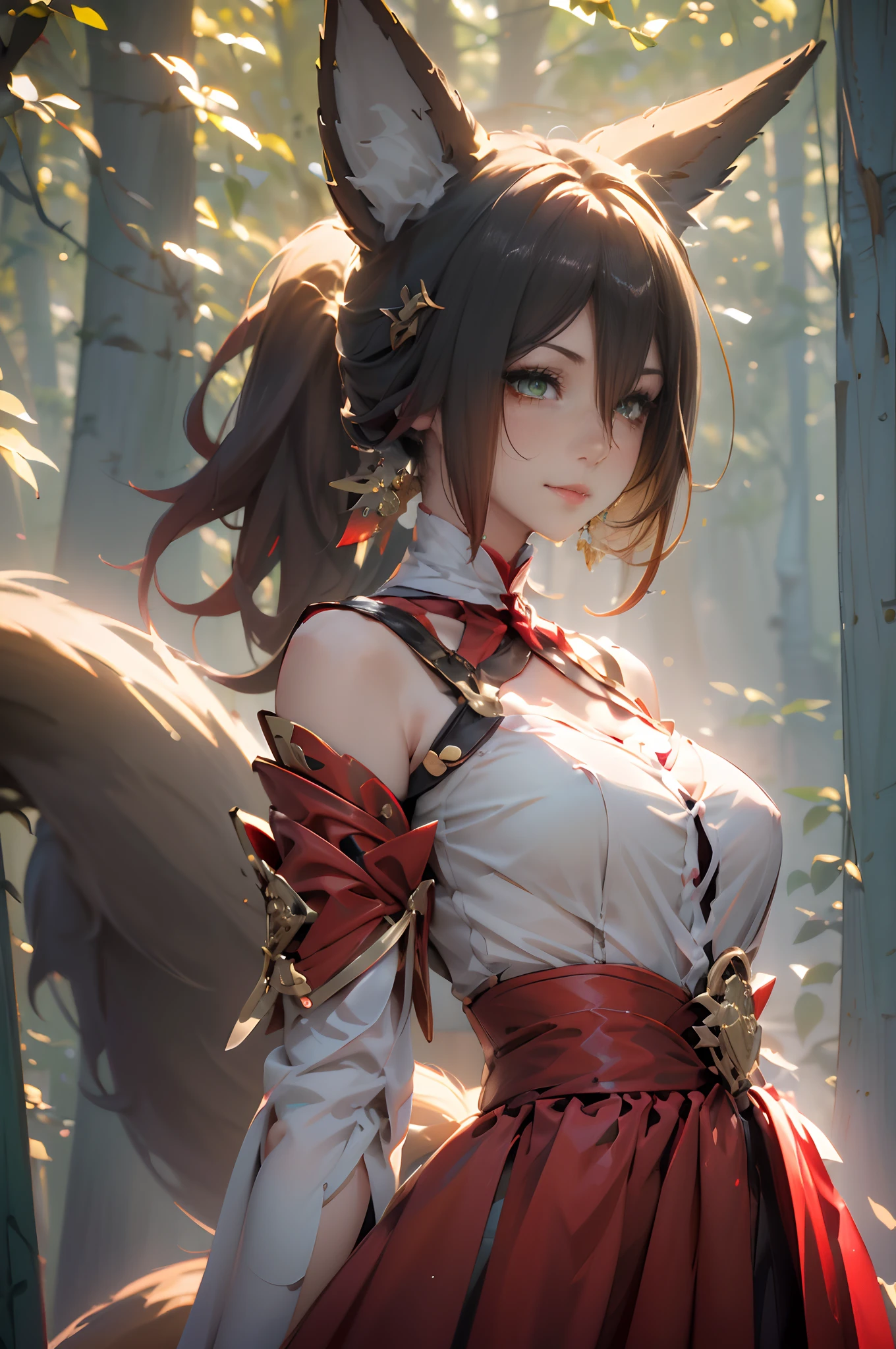 (best quality,4k,8k,highres,masterpiece:1.3),ultra-detailed,(realistic,photography,photo-realistic:1.37), smooth, smooth skin texture, real life, 1girl, fox girl, green eyes, naughty, smiling, TingYun, tingyun from Honkai Starrail, earringsbrown hair, animal ears, ponytail, hair ornament, green eyes, red eyeshadow, jewelry, detached sleeves, medium breasts, dress, tail, bracelet, one tail, mouth slightly open, wandering in the forest, red riding hood, sexy, misty