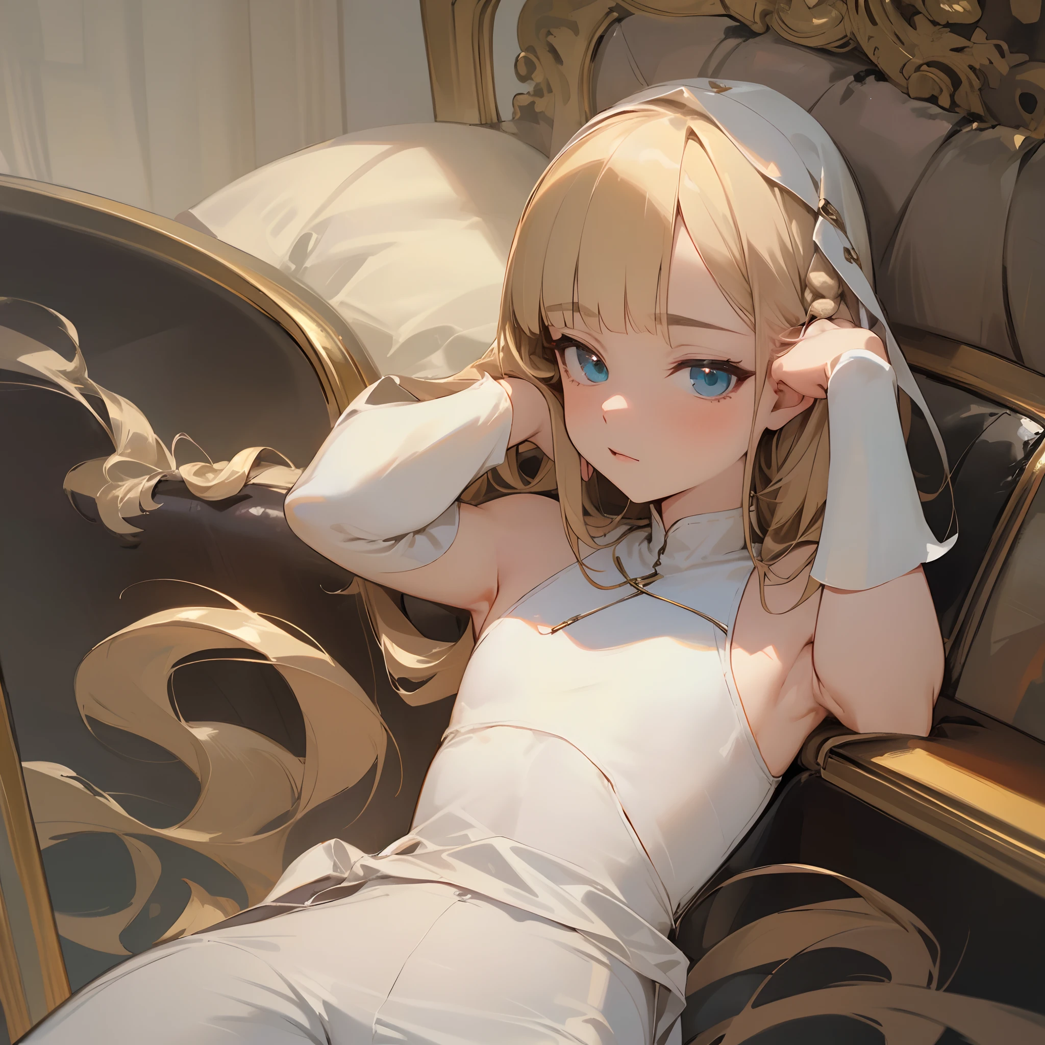 Reines, 1girl, high quality, best quality, illustration, masterpiece, (highly detailed:1.2), (extremely detailed:1.3), flat chest, bare shoulders, young girl, boa fleece loungewear, white pajamas, shortpants, braid, petite, curvy loli, in a house