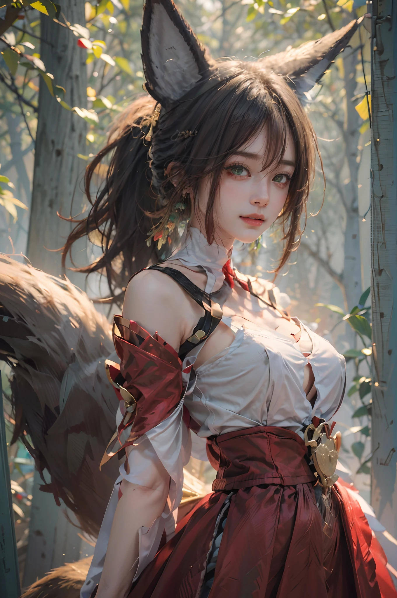 (best quality,4k,8k,highres,masterpiece:1.3),ultra-detailed,(realistic,photography,photo-realistic:1.37), smooth, smooth skin texture, real life, 1girl, fox girl, ((green eyes)), naughty, smiling, TingYun, tingyun from Honkai Starrail, earringsbrown hair, animal ears, ponytail, hair ornament, green eyes, red eyeshadow, jewelry, detached sleeves, medium breasts, dress, tail, bracelet, one tail, mouth slightly open, wandering in the forest, red riding hood, sexy, misty