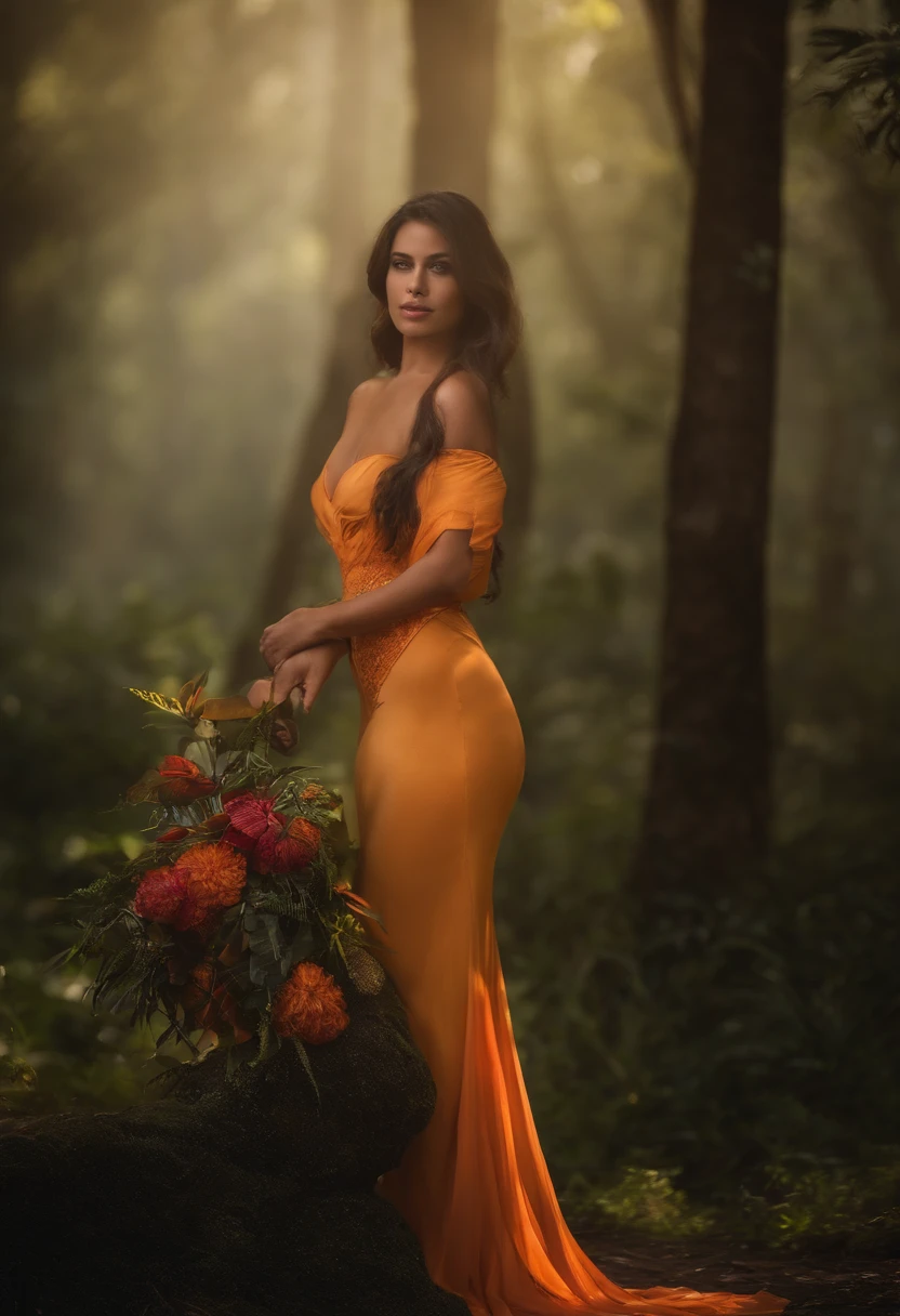 A woman in an orange dress standing in the woods - SeaArt AI