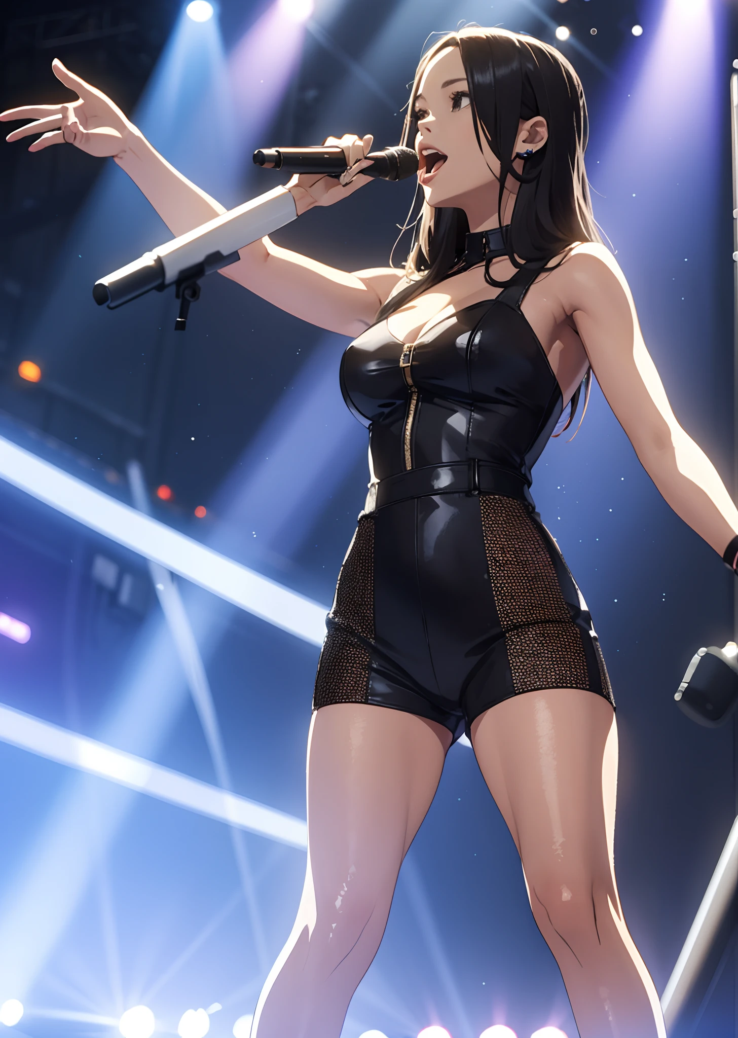 A woman in a black outfit holding a microphone on stage - SeaArt AI