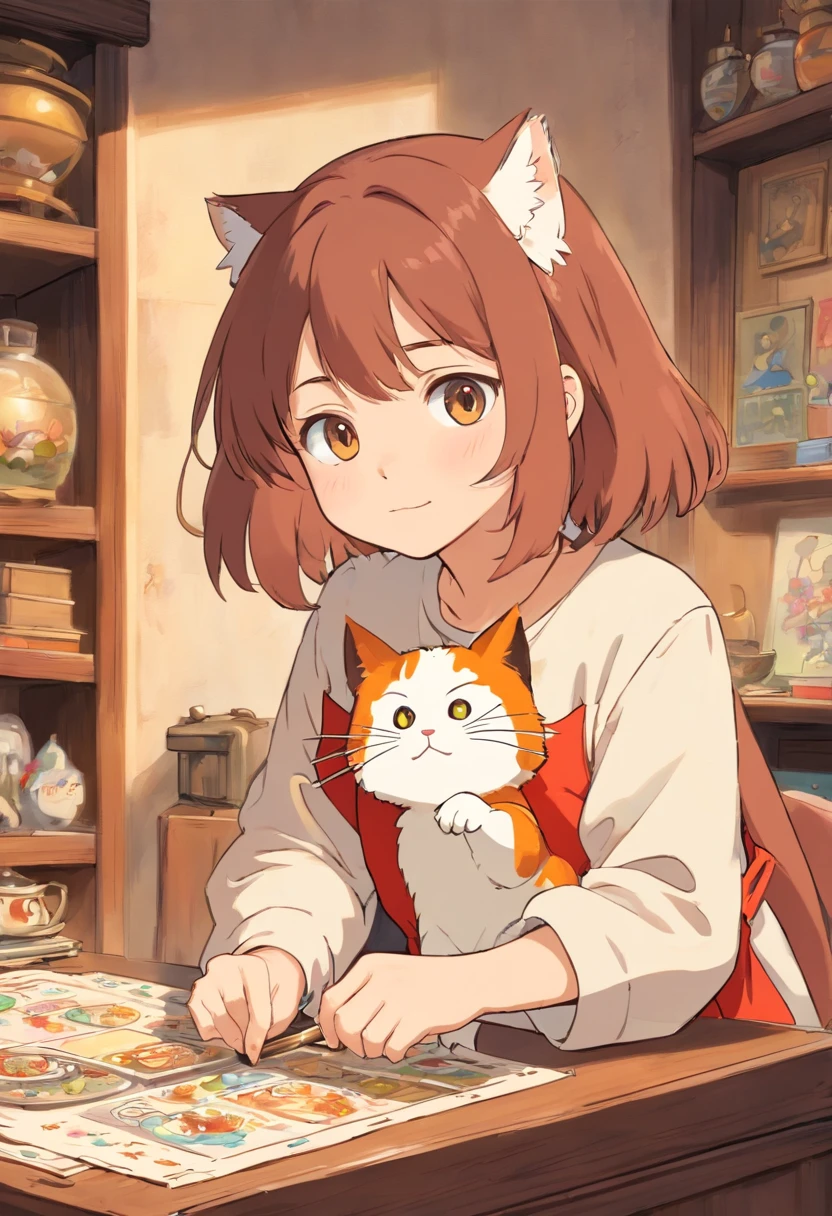 Anime girl with cat sitting at a table in a room - SeaArt AI