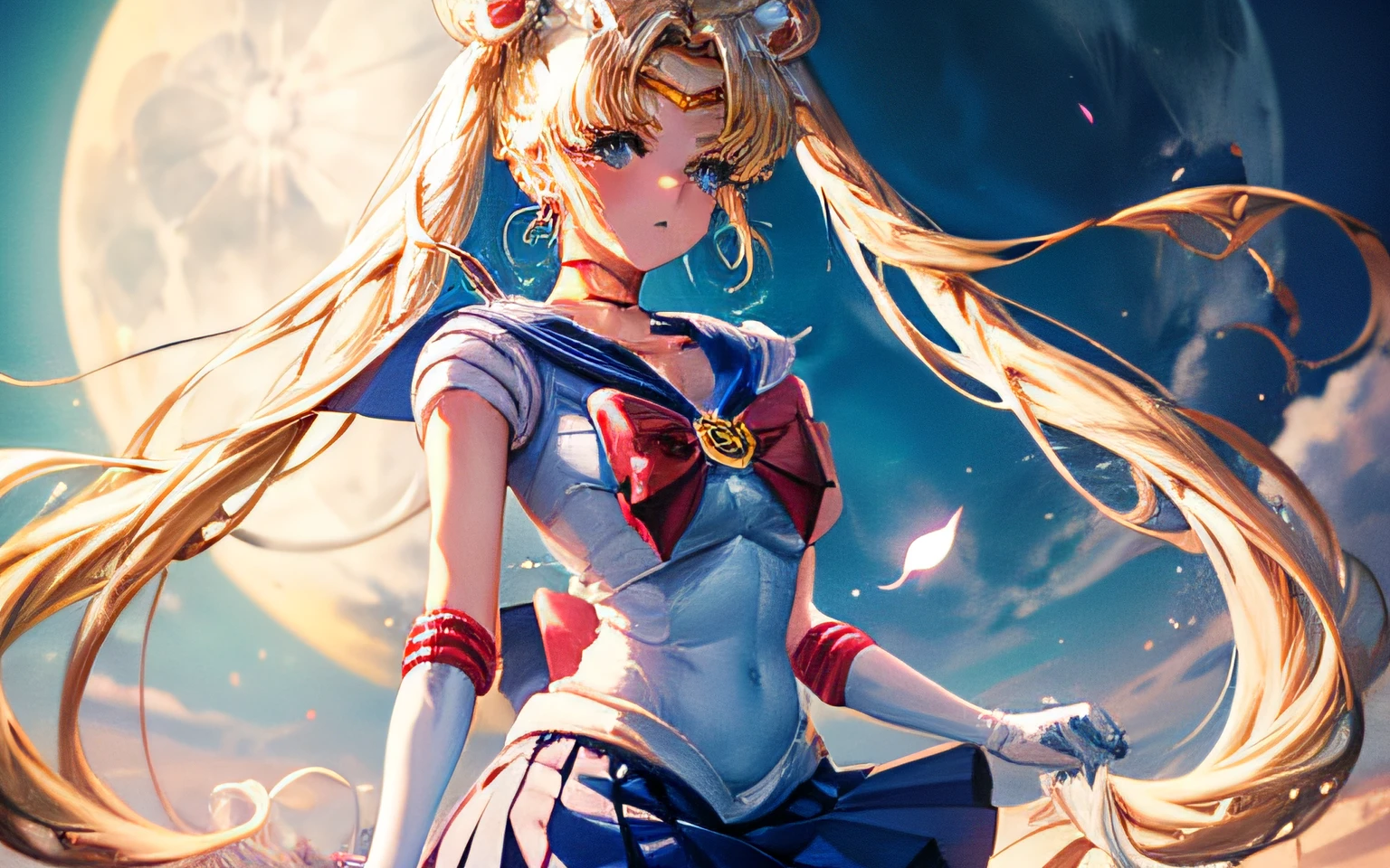 honestamente ,Sailor Moon, (branco_calcinhas:1.2), loiro,  coque duplo, twintails, franja separada, diadema, joia, Brincos, gargantilha, laço vermelho, branco gloves, luvas de cotovelo, saia azul, corar, lua cheia