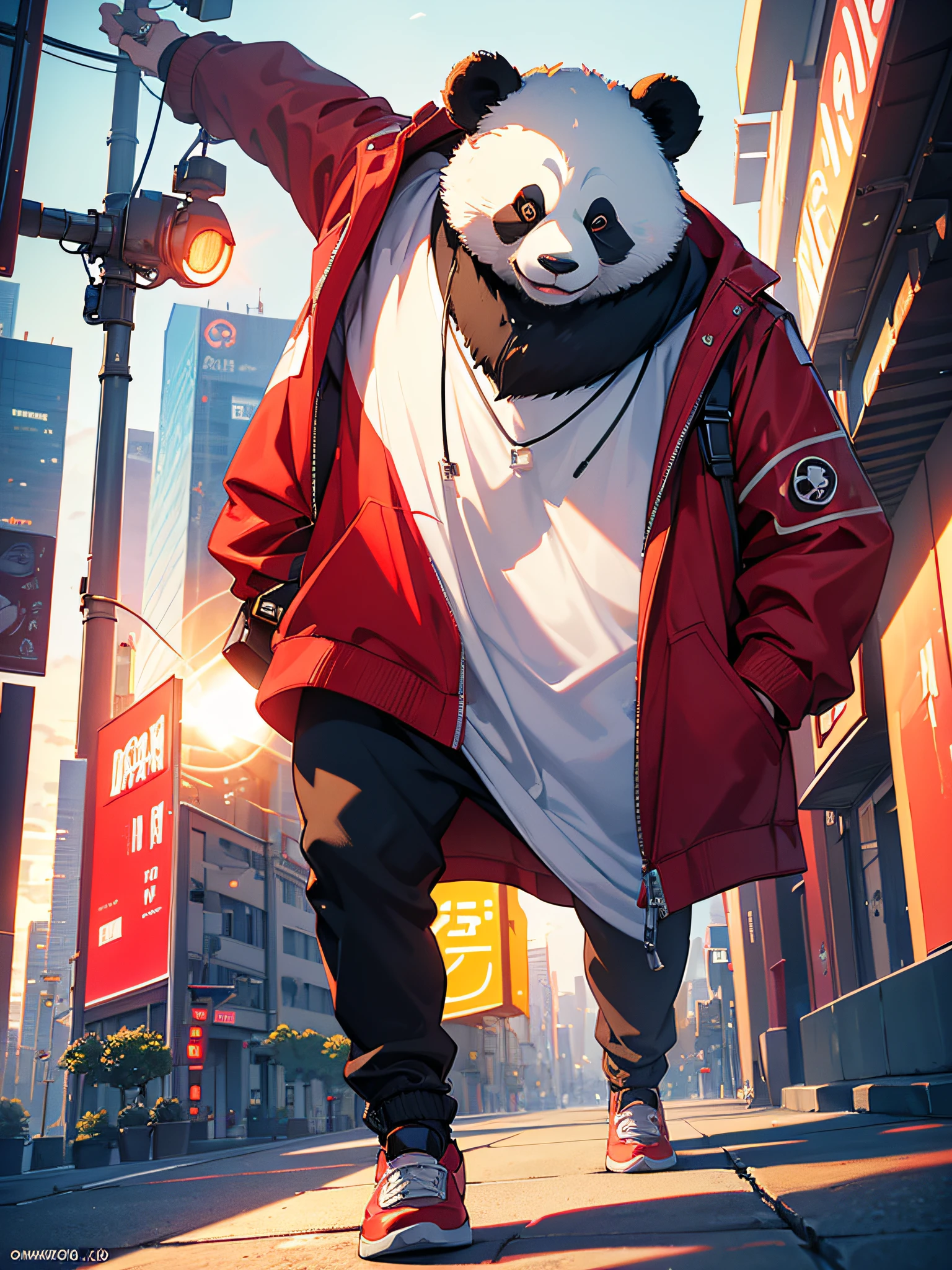 a Panda in a cyberpunk red jacket, enge Hosen, Sonnenbrille, Spaziergang auf einem Strandpromenade, Starker Körper, {extrem detailliertes 8k CG-Unit-Hintergrundbild}, expansive Landschaftsfotografie, (Eine Ansicht aus der Vogelperspektive mit Fokus auf die Figur und die Landschaft), (Weite, offene Feldsicht), (Untersicht), (Markieren: 1.5), (gedimmtes Licht: 1.0), (Warme Lichtquelle: 2.0), komplexe Details, (schillernde Farben: 1.0), (helle Beleuchtung), (stimmungsvolle Beleuchtung), verträumt, magisch