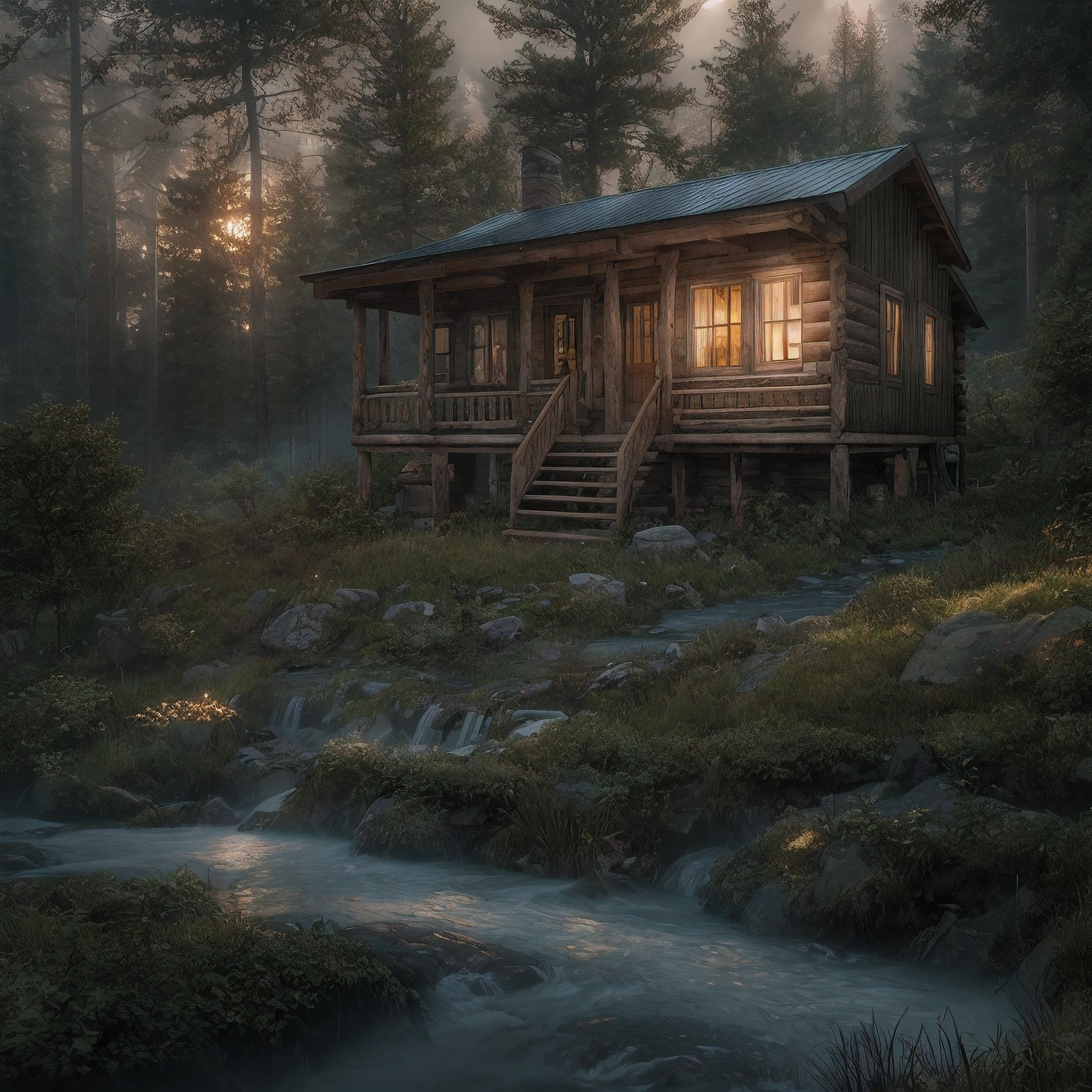 As the light began to fade, an old log cabin was spotted in a small clearing ahead. The cabin's roof shimmered in the fading sunlight. The log cabin was located near a quaint steampunk village, nestled within the rugged wilderness.
Upon approaching the cabin, one could sit on the bottom porch steps, resting their hands on their knees. From this vantage point, a peaceful scene could be taken in as the day came to an end. The natural beauty of the surroundings evoked a sense of calm.
The steampunk village provided a glimpse into an imaginative world, with its unique architecture and retro-futuristic technology. Though small and remote, it was a hub of innovation and creativity.
Beyond the village lay dense forests and rolling hills. The raw, rugged wilderness possessed a spirituality and timeless quality. The changing seasons transformed the landscape in dramatic ways.
As the last light of day faded, the porch of the cabin offered a place of respite and reflection, overlooking the village and natural world beyond. It was a serene spot to connect with nature and find inner peace as darkness slowly descended.