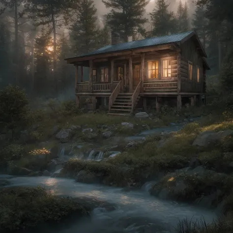 As the light began to fade, an old log cabin was spotted in a small clearing ahead. The cabin's roof shimmered in the fading sun...
