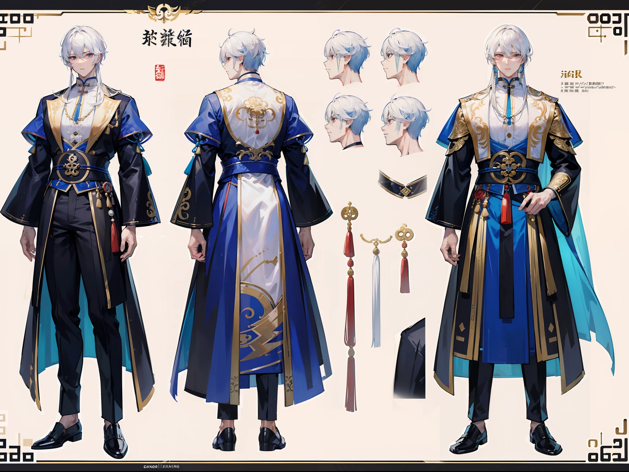 ((Masterpiece, Highest quality)), Detailed face, character design sheet，full body esbian, Full of details, frontal body view, back body view, Highly detailed, Depth, Many parts, Muscle boy with white hair，handsome man,  Traditional chinese clothes, Genshin Impact, man tall, pectoral muscles, abs