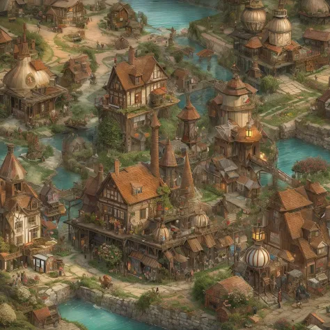 Maybe this… Quaint steampunk fantasy magical village nestled in a verdant valley, surrounded by rolling green hills. Rustic cobb...