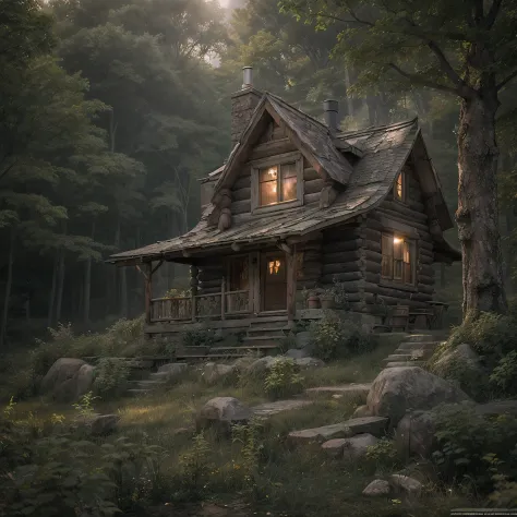 As the light began to fade, an old log cabin was spotted in a small clearing ahead. The cabin's roof shimmered in the fading sunlight. The log cabin was located near a quaint steampunk village, nestled within the rugged wilderness.
Upon approaching the cab...