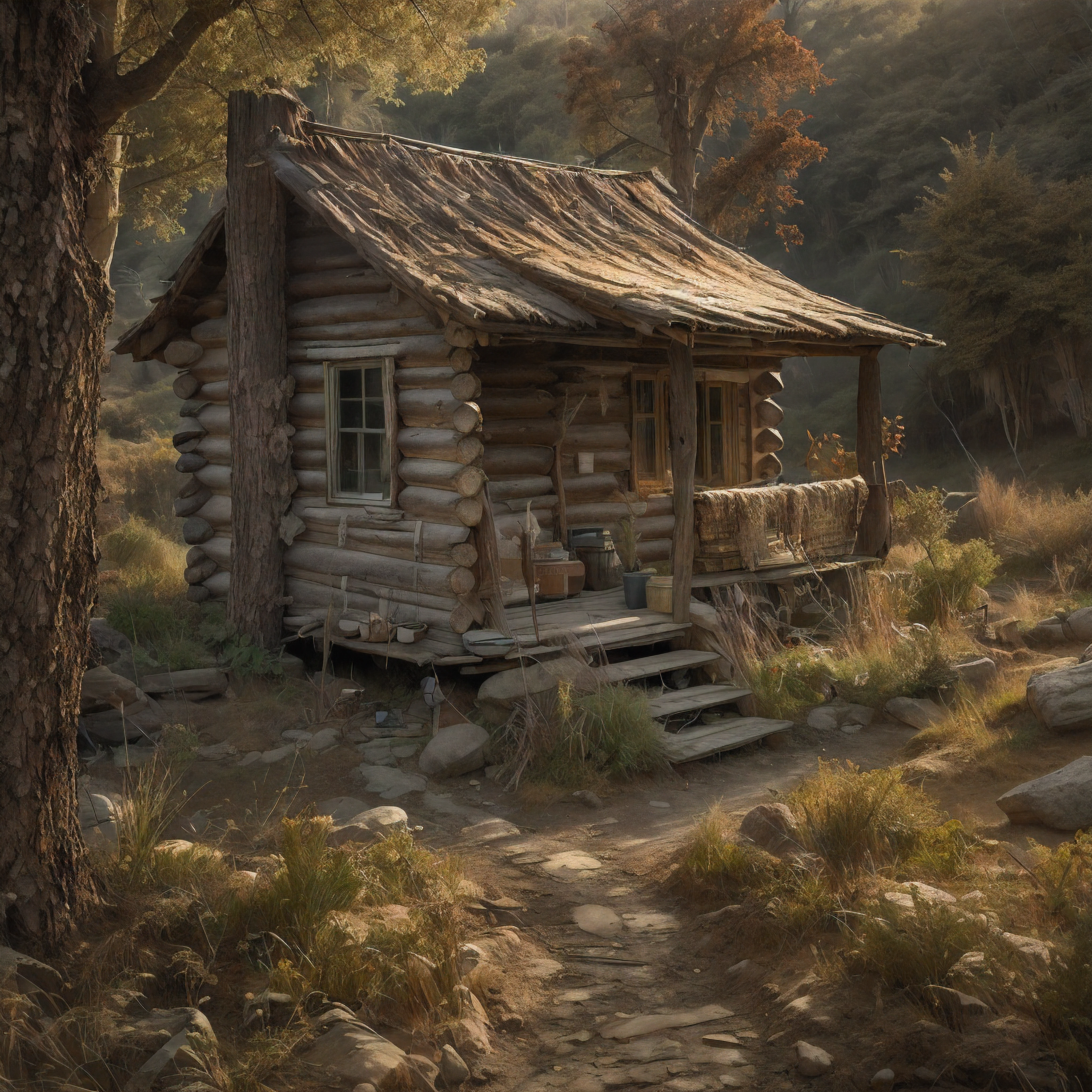 As the light began to fade, an old log cabin was spotted in a small clearing ahead. The cabin's roof shimmered in the fading sunlight. The log cabin was located near a quaint steampunk village, nestled within the rugged wilderness.
Upon approaching the cabin, one could sit on the bottom porch steps, resting their hands on their knees. From this vantage point, a peaceful scene could be taken in as the day came to an end. The natural beauty of the surroundings evoked a sense of calm.
The steampunk village provided a glimpse into an imaginative world, with its unique architecture and retro-futuristic technology. Though small and remote, it was a hub of innovation and creativity.
Beyond the village lay dense forests and rolling hills. The raw, rugged wilderness possessed a spirituality and timeless quality. The changing seasons transformed the landscape in dramatic ways.
As the last light of day faded, the porch of the cabin offered a place of respite and reflection, overlooking the village and natural world beyond. It was a serene spot to connect with nature and find inner peace as darkness slowly descended.