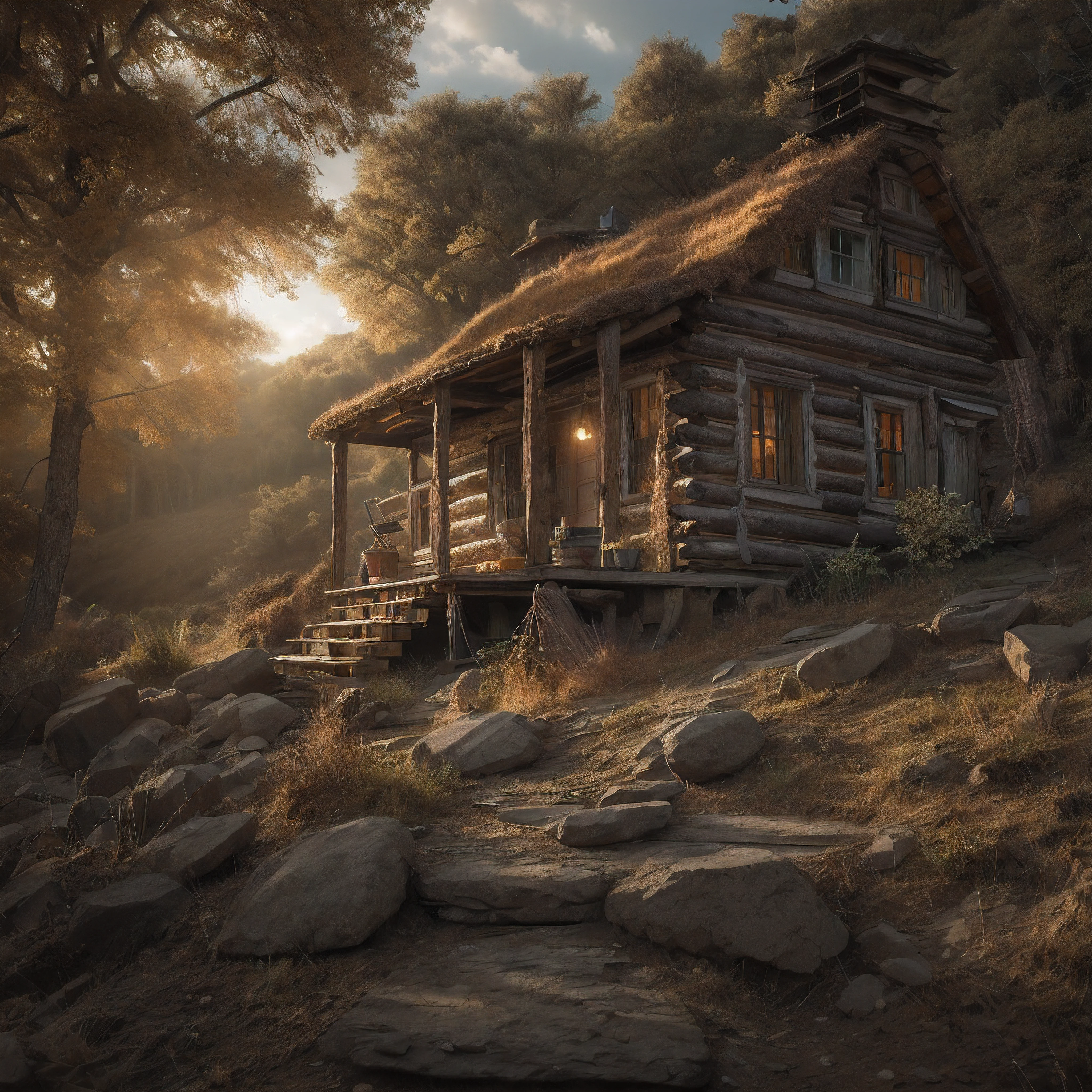 As the light began to fade, an old log cabin was spotted in a small clearing ahead. The cabin's roof shimmered in the fading sunlight. The log cabin was located near a quaint steampunk village, nestled within the rugged wilderness.
Upon approaching the cabin, one could sit on the bottom porch steps, resting their hands on their knees. From this vantage point, a peaceful scene could be taken in as the day came to an end. The natural beauty of the surroundings evoked a sense of calm.
The steampunk village provided a glimpse into an imaginative world, with its unique architecture and retro-futuristic technology. Though small and remote, it was a hub of innovation and creativity.
Beyond the village lay dense forests and rolling hills. The raw, rugged wilderness possessed a spirituality and timeless quality. The changing seasons transformed the landscape in dramatic ways.
As the last light of day faded, the porch of the cabin offered a place of respite and reflection, overlooking the village and natural world beyond. It was a serene spot to connect with nature and find inner peace as darkness slowly descended.