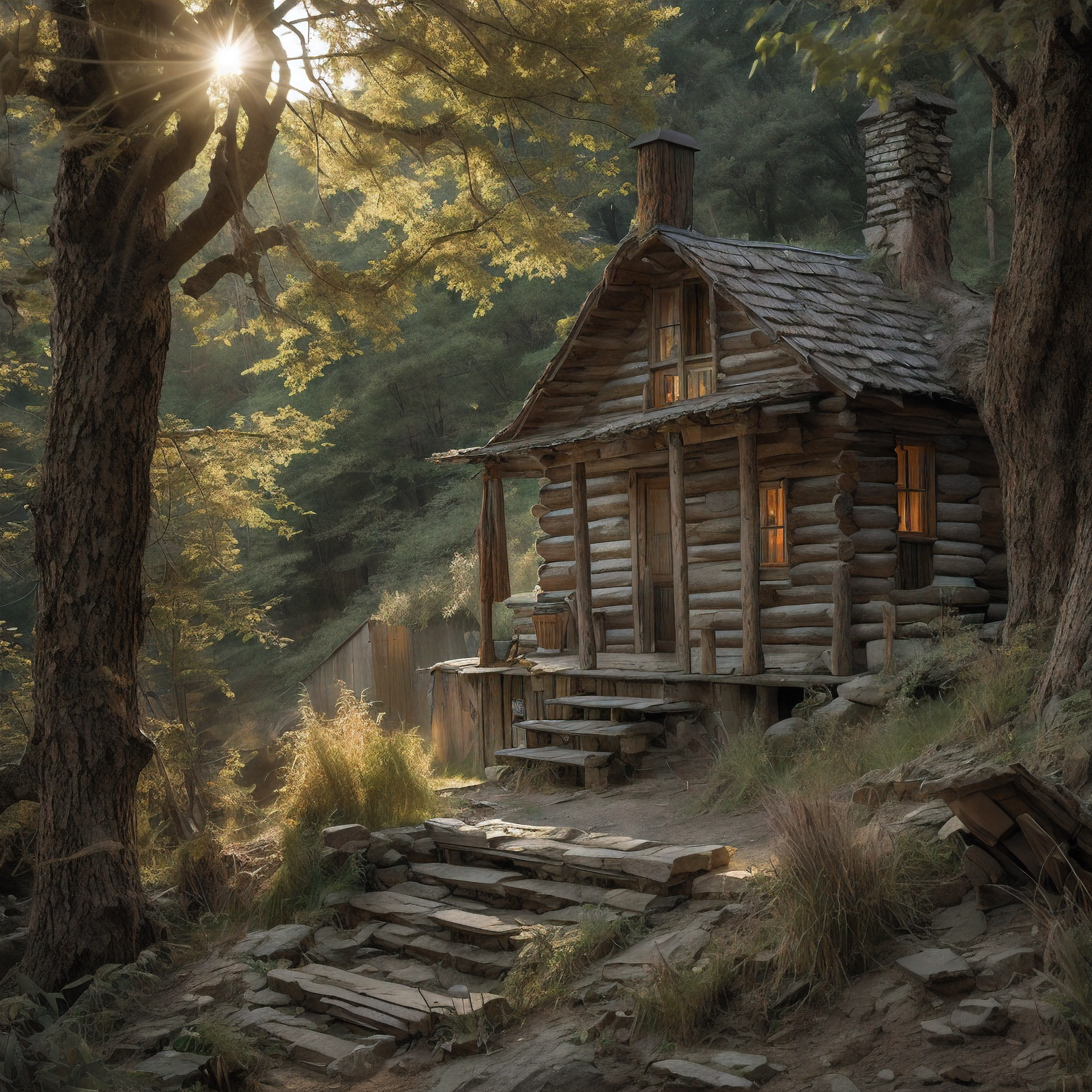 As the light began to fade, an old log cabin was spotted in a small clearing ahead. The cabin's roof shimmered in the fading sunlight. The log cabin was located near a quaint steampunk village, nestled within the rugged wilderness.
Upon approaching the cabin, one could sit on the bottom porch steps, resting their hands on their knees. From this vantage point, a peaceful scene could be taken in as the day came to an end. The natural beauty of the surroundings evoked a sense of calm.
The steampunk village provided a glimpse into an imaginative world, with its unique architecture and retro-futuristic technology. Though small and remote, it was a hub of innovation and creativity.
Beyond the village lay dense forests and rolling hills. The raw, rugged wilderness possessed a spirituality and timeless quality. The changing seasons transformed the landscape in dramatic ways.
As the last light of day faded, the porch of the cabin offered a place of respite and reflection, overlooking the village and natural world beyond. It was a serene spot to connect with nature and find inner peace as darkness slowly descended.