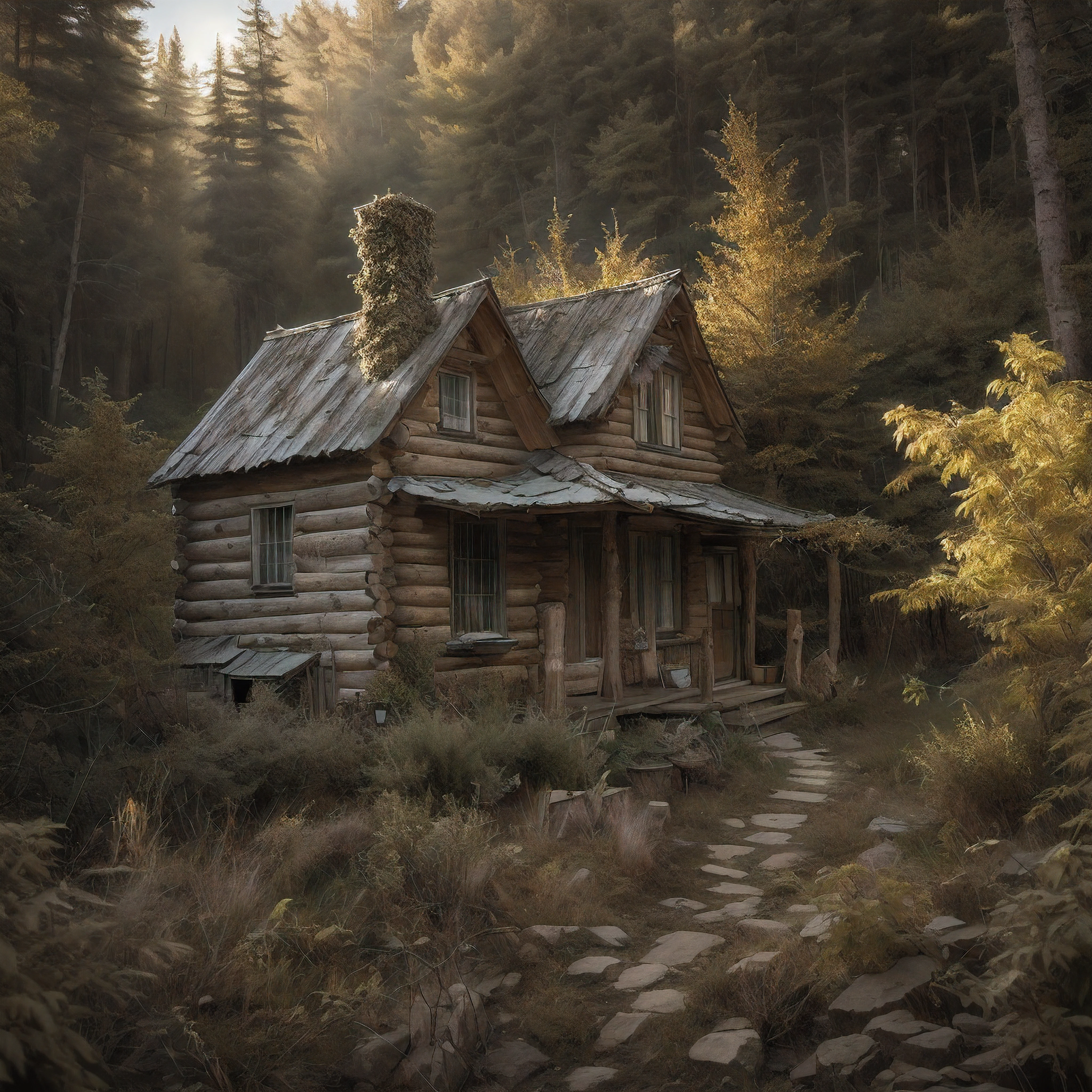 As the light began to fade, an old log cabin was spotted in a small clearing ahead. The cabin's roof shimmered in the fading sunlight. The log cabin was located near a quaint steampunk village, nestled within the rugged wilderness.
Upon approaching the cabin, one could sit on the bottom porch steps, resting their hands on their knees. From this vantage point, a peaceful scene could be taken in as the day came to an end. The natural beauty of the surroundings evoked a sense of calm.
The steampunk village provided a glimpse into an imaginative world, with its unique architecture and retro-futuristic technology. Though small and remote, it was a hub of innovation and creativity.
Beyond the village lay dense forests and rolling hills. The raw, rugged wilderness possessed a spirituality and timeless quality. The changing seasons transformed the landscape in dramatic ways.
As the last light of day faded, the porch of the cabin offered a place of respite and reflection, overlooking the village and natural world beyond. It was a serene spot to connect with nature and find inner peace as darkness slowly descended.