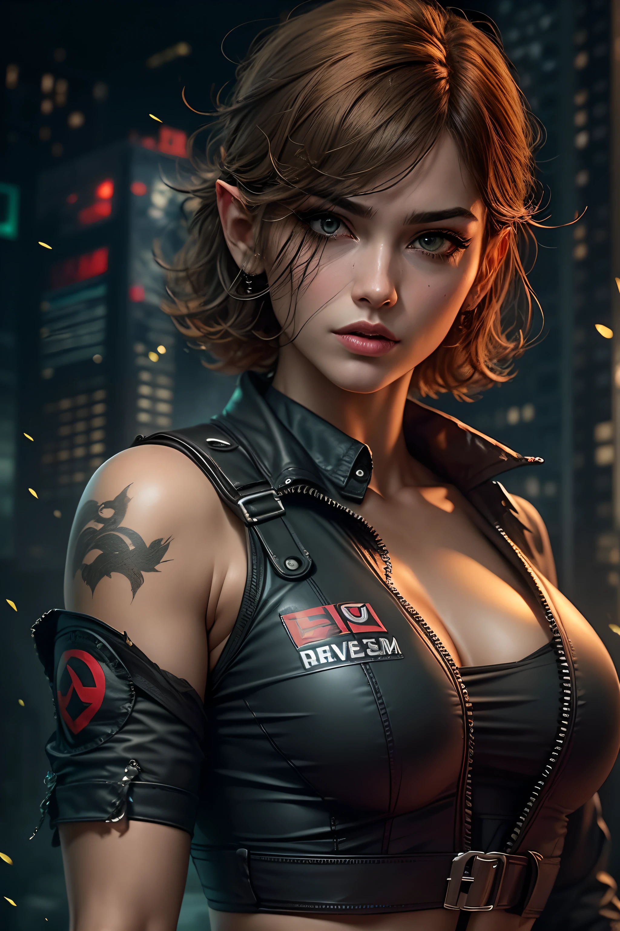 "character fiel de Jil Valentim Resident Evil 3", ("Police Skin") Torne-se um belo elfo, Corte de cabelo curto vermelho, penteado coreano, olhos vermelhos, FUNDO ELFPUNK, , VESTINDO TRAJE DE ELFOS, BAR LIGHTNING, Luminismo, pintura detalhada, corpo inteiro