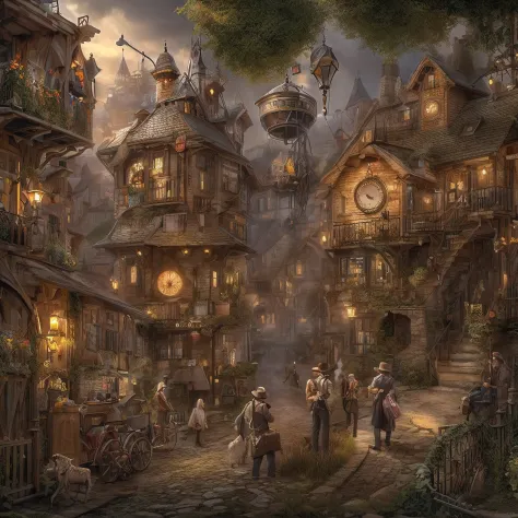 Maybe this… Quaint steampunk fantasy magical village nestled in a verdant valley, surrounded by rolling green hills. Rustic cobb...