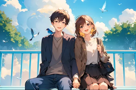 (masterpiece:1.3), best quality, official art, 1girl, 1boy, (cute:1.3), sitting on a park bench, (holding hands), smiling, blush...