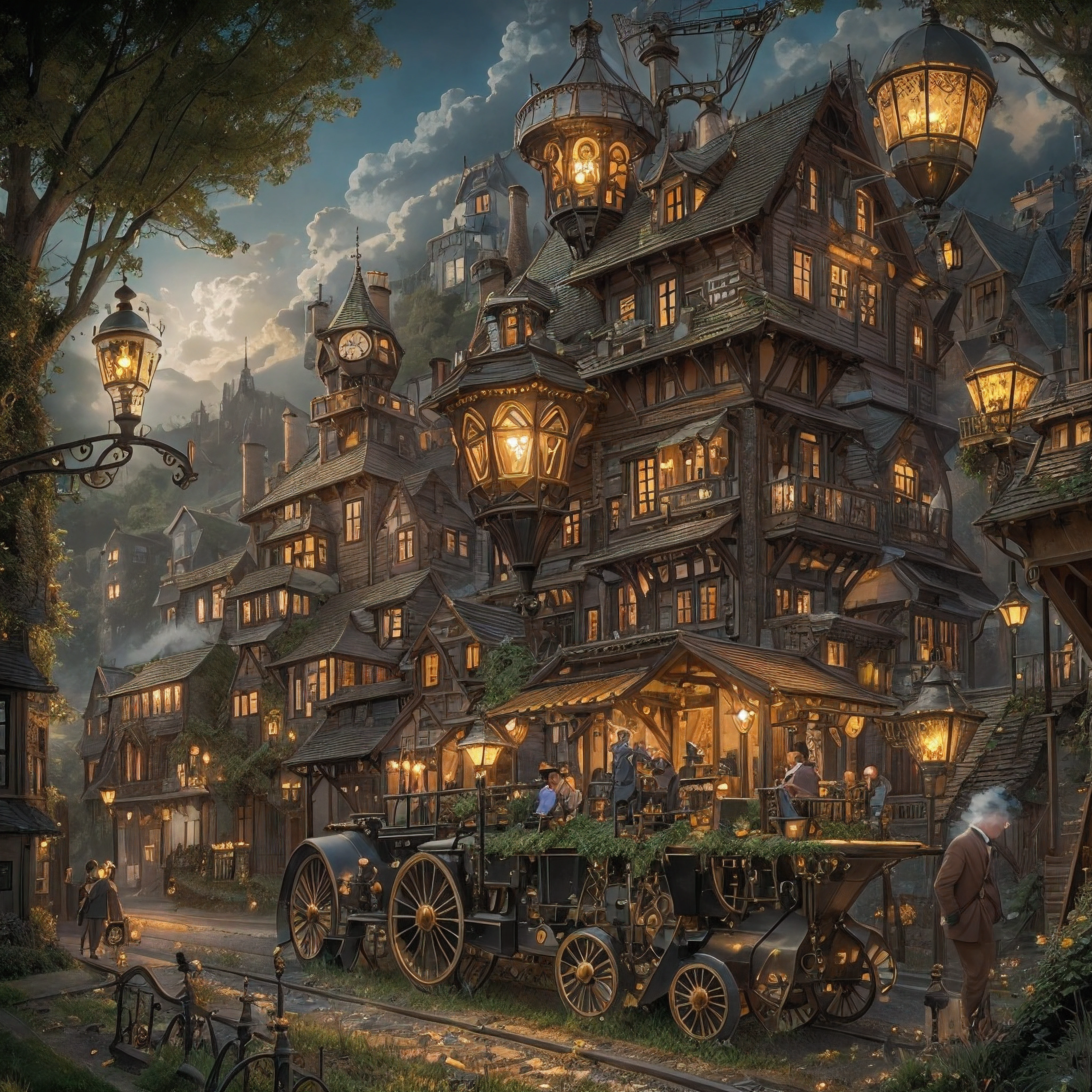 Maybe this… Quaint steampunk fantasy magical village nestled in a verdant valley, surrounded by rolling green hills. Rustic cobblestone streets winding between charming Victorian-style buildings. Plumes of steam rising from clockwork machinery. Wrought iron lamp posts line the streets, illuminated by flickering gas lamps that cast a warm glow at dusk.
In the town square, a towering clocktower looms over the scene, intricate gears shifting as the hands tick steadily. People mill about in steampunk attire - gentlemen in waistcoats and top hats, ladies in corseted dresses and feathers. Fantastical mechanical creatures amble down the lanes as villagers go about their daily business.
The village outskirts fade into vibrant green farmlands. Farmer’s fields are dotted with automated steam-powered harvesters, puffing as they roll through the crops. Herds of whimsical mechanized sheep and cows graze on the hillsides. Above the valley, majestic airships drift by on the breeze.
As night falls, the lamps brighten and villagers gather at the local tavern. Laughter and music spill out into the streets where the fantasy world comes alive. Magic seems to shimmer in the moonlight. This quaint steampunk haven appears to be frozen in time, an idyllic, enchanted realm powered by steam and imagination.
