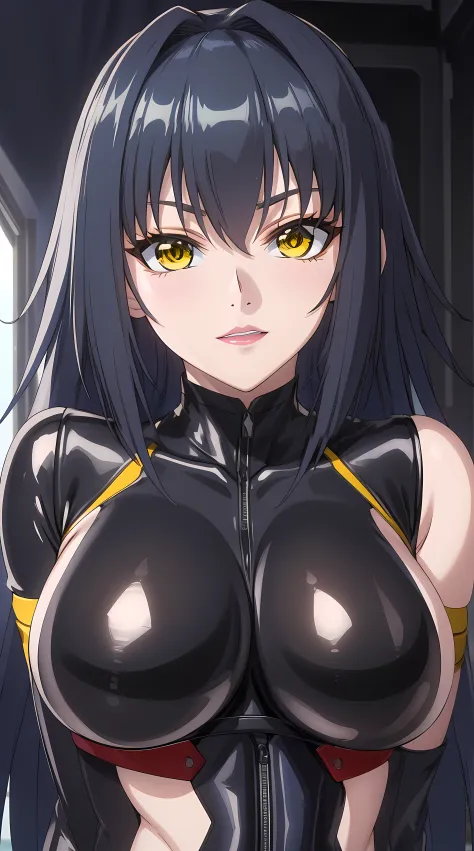 simple background, (((happy face, looking at viewer, smile))), (solo:1.5),
Annerose, close up shot, looking at viewer, stand close,
bunnysuit, black outfit, front view,
 black_hair,yellow_eyes, ((long_hair, hair intakes)),
1 girl, 35 years old,mature femal...