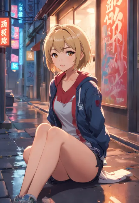 (best quality,4k,8k,highres,masterpiece:1.2),ultra-detailed,(realistic,photorealistic,photo-realistic:1.37),Gyaru woman lying in an alley alone,blond hair,tanned skin,big tits,dressed whole,graffiti-covered walls,neon lights reflecting on wet pavement,aban...