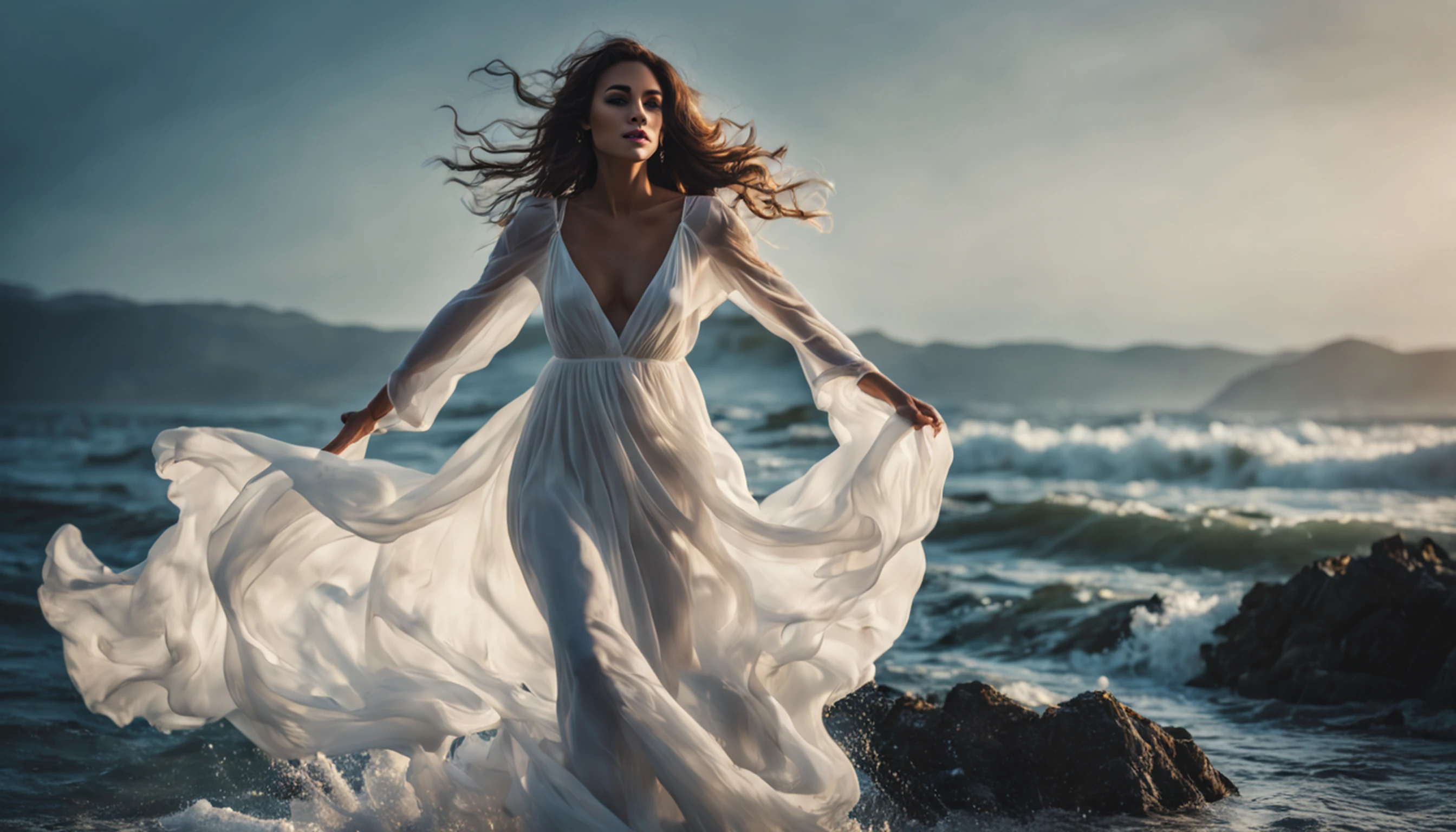 Beautiful woman in white dress standing in sea water with flowing dress ...